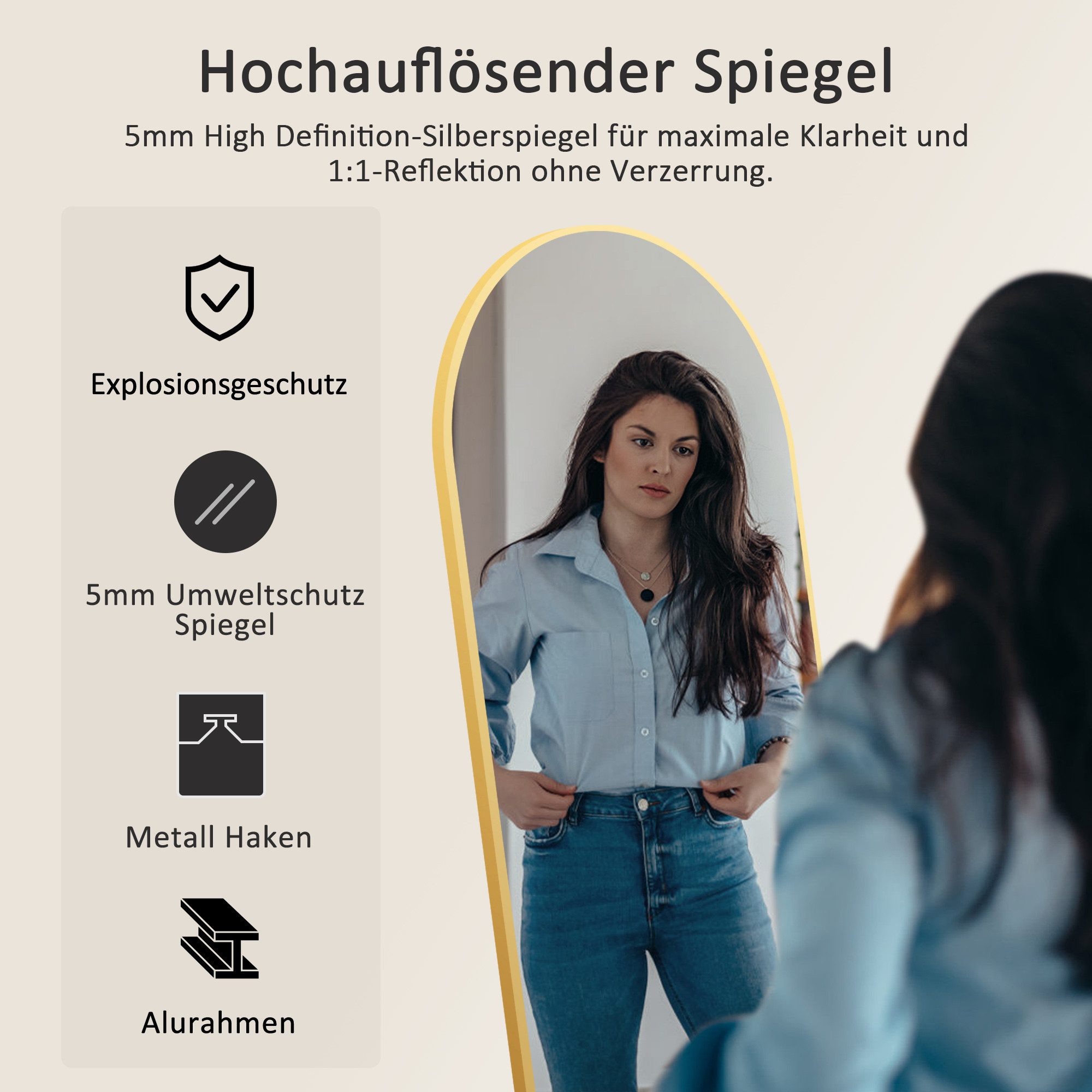 GOEZES Spiegel Flurspiegel Spiegel Flur Ganzkörper 150x50 Wandspiegel Gold Schwarz (mit Aluminium Rahmen, 1-St., Rundbogen), 5mm hochauflösend kupfer- und bleifreier Spiegel, explosionsgeschützt