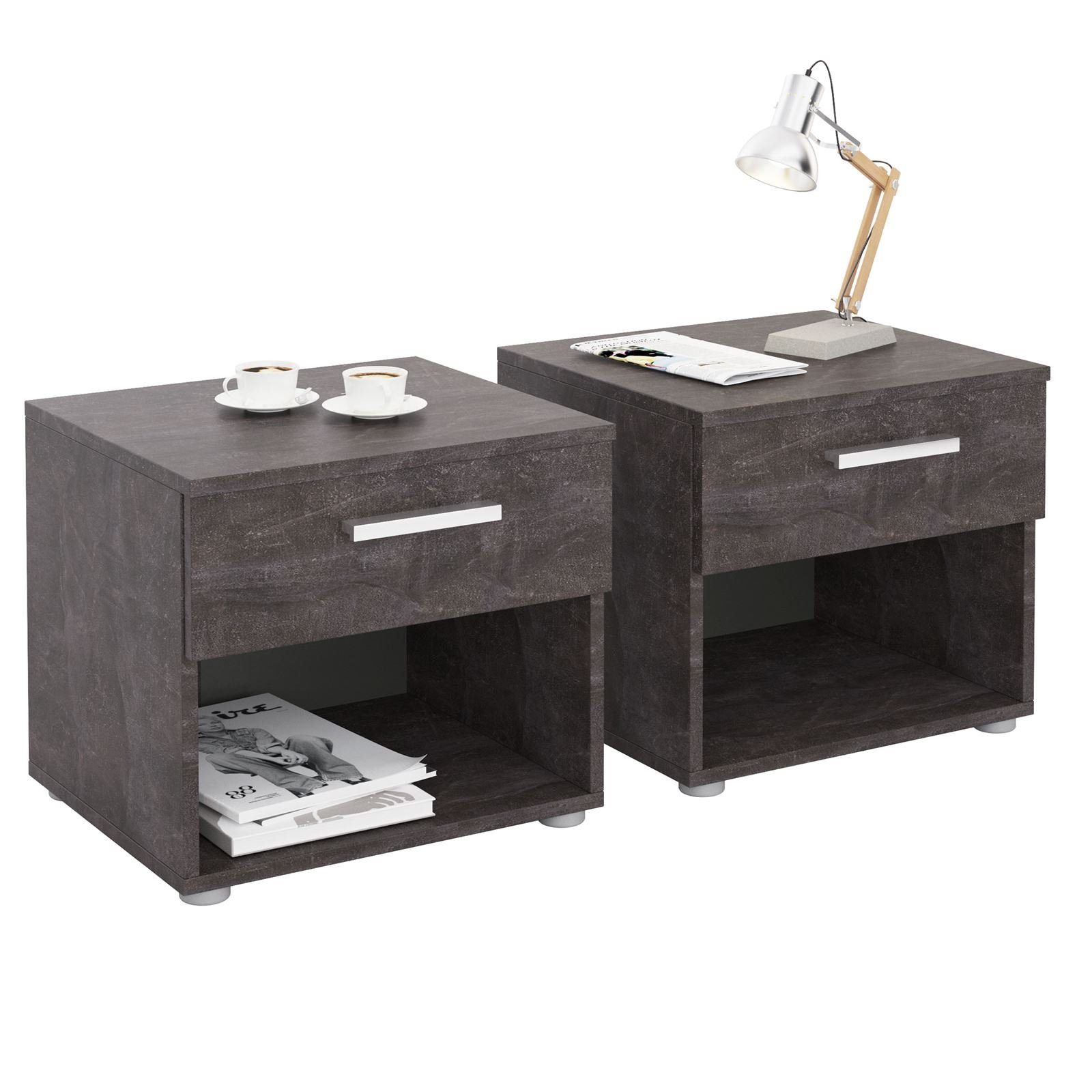 CARO-Möbel Nachtkommode MARY, Nachttisch 2er Set mit Schublade und Ablagefach Betonoptik dunkel