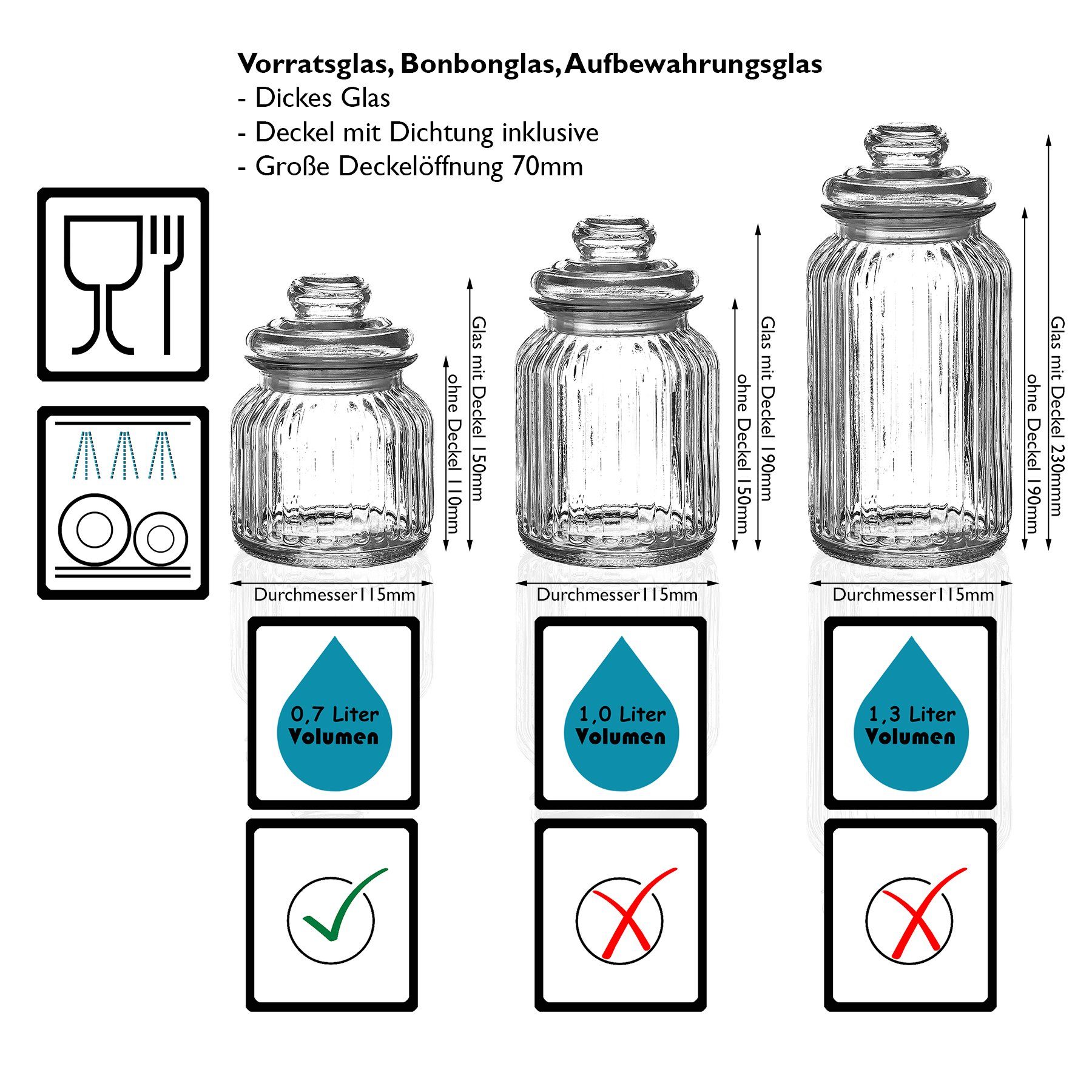 Nostalgie Vorratsdose Liter (2-tlg) BigDean Glas, Bonbonglas 2x Vorratsglas 0,7
