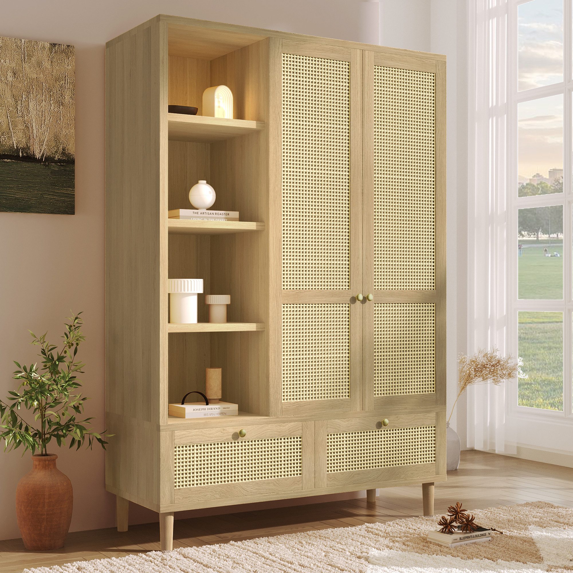 i@home Kleiderschrank Garderobenschränke Landhausstil Rattan (mit 2 Türen, Kleiderstange, 4 offene Regale, 2 Schubladen, 1-St., 180×120×50 cm Eiche) Schlafzimmerschrank für Schlafzimmer