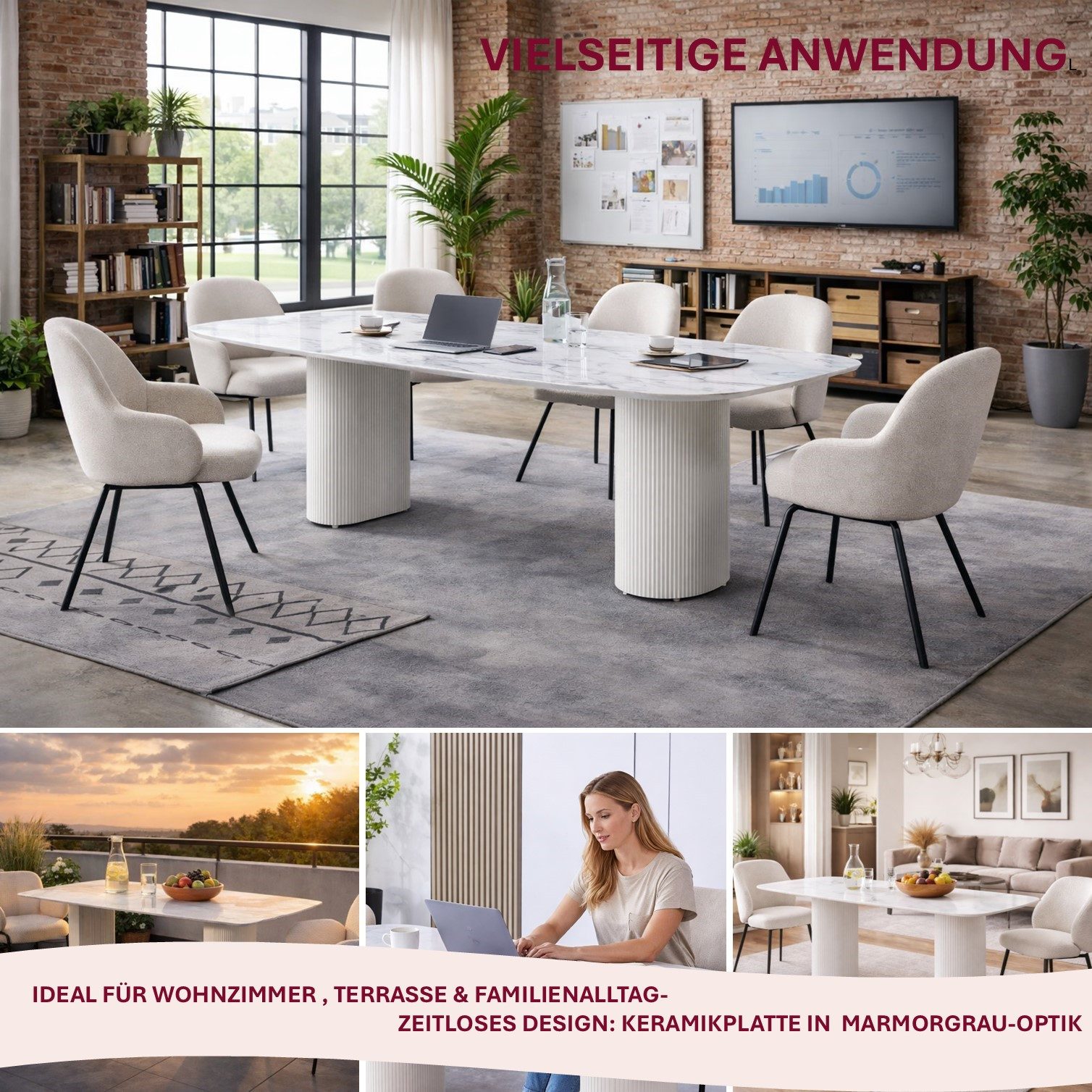 HOOZ Wohnzimmertisch Esstisch Set 180x90 cm Weiß – moderner Küchentisch, Keramik 8 Personen (Einzelprodukt, 1× Esstisch), Keramik-Tischplatte, Travertin-Optik ( – Bild 2 von 5
