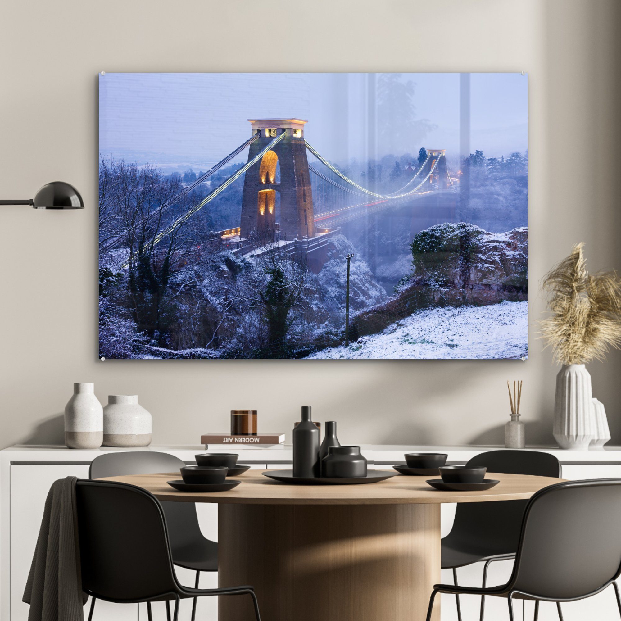 MuchoWow Acrylglasbild Bristol, (1 St), schneebedeckte England, Acrylglasbilder in & Die Schlafzimmer Clifton-Hängebrücke Wohnzimmer