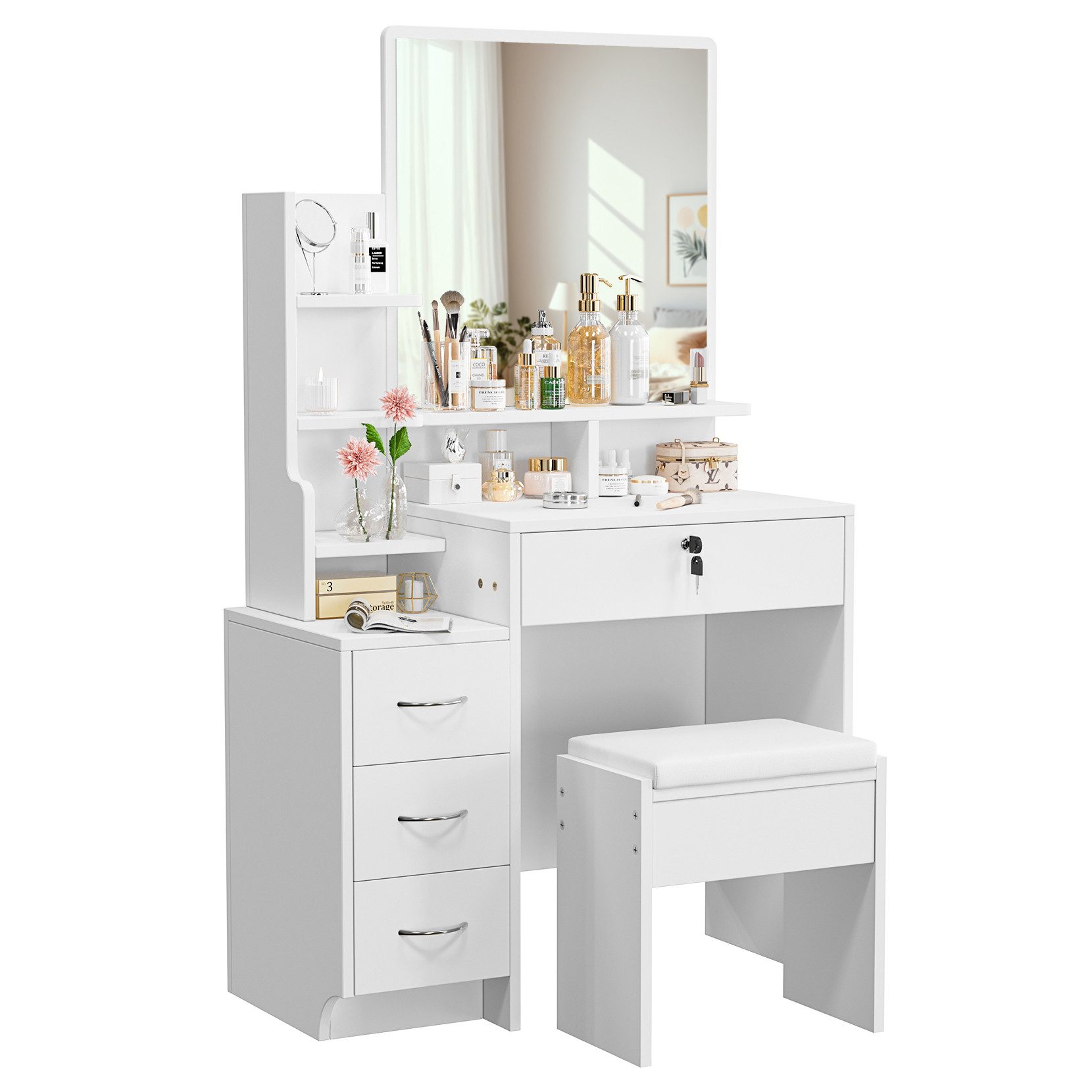 ToteBox Schminktisch 4 Schubladen 7 Fächer Ecke Schminktisch mit Spiegel un günstig online kaufen