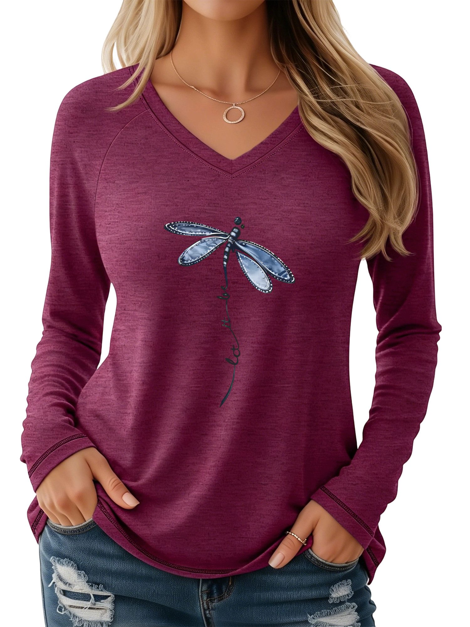 PYLIKE V-Shirt Damen Casual Langarm mit Libelle Druck bequemes V-Shirt Geeignet für den täglichen Gebrauch im Büro und zu Hause
