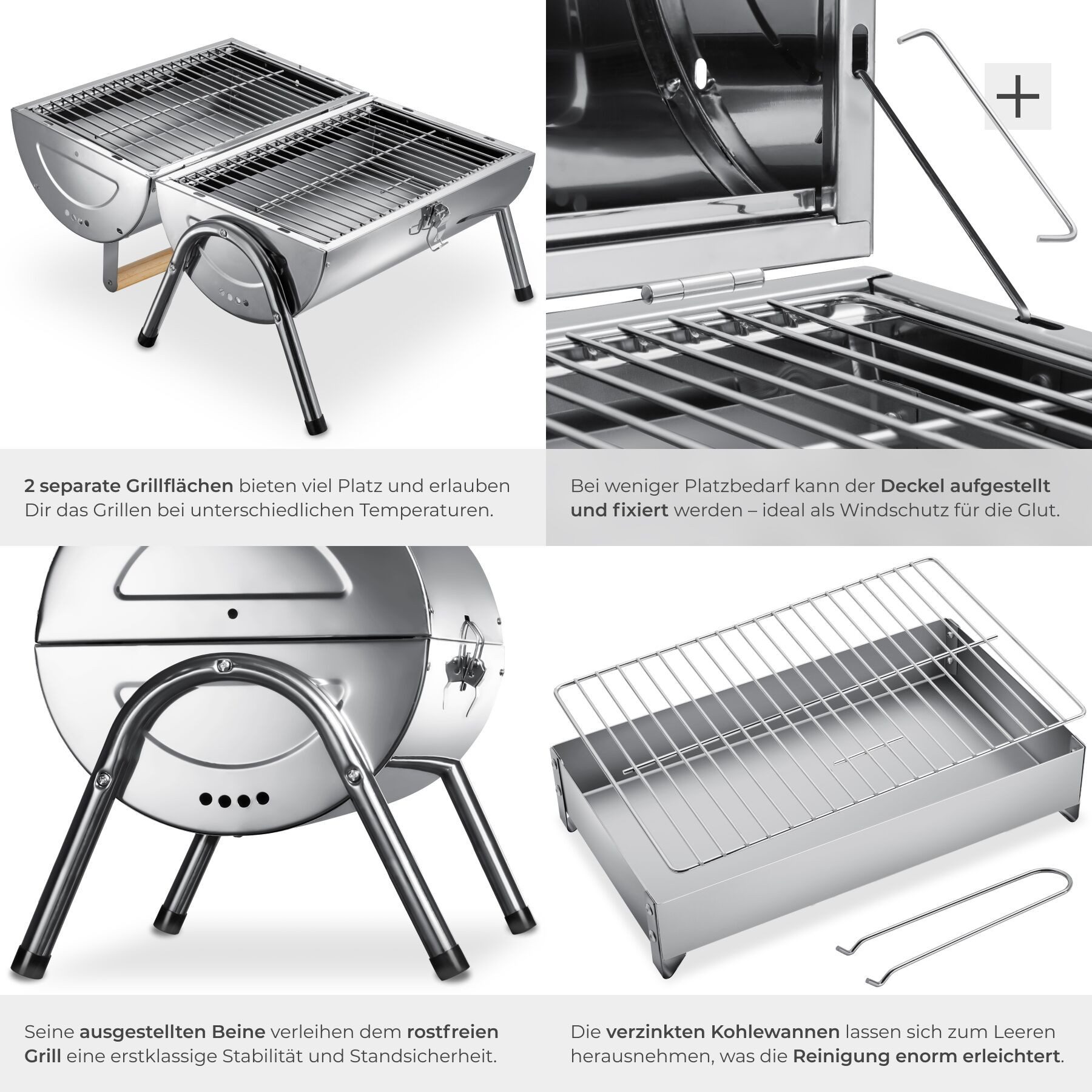 tectake Holzkohlegrill Wetterfester Grill aus Edelstahl mit Doppel-Grillfläche, Kohlewannen, Outdoorgrill, in Schwarz, Inkl. 2 Grillrostheber, schnelle Montage, – Bild 5 von 5