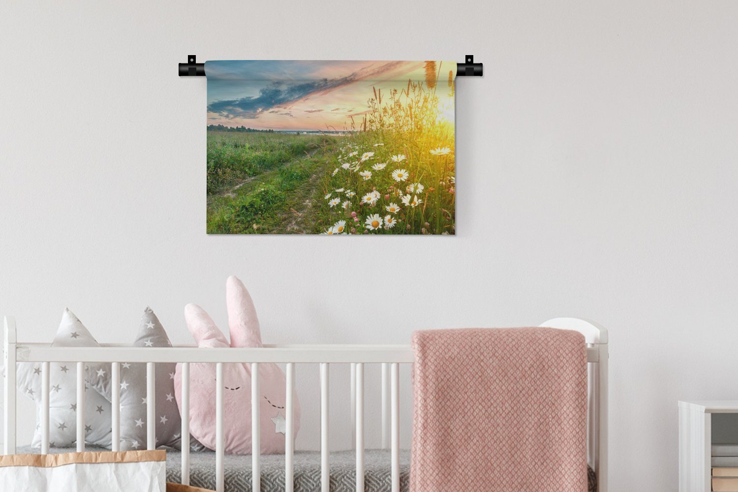 Wandbehang, Kleid, - MuchoWow Wanddekoobjekt - Natur Horizont, für Gänseblümchen - Wohnzimmer, Wanddeko Sonne - Blumen Kinderzimmer Schlafzimmer,