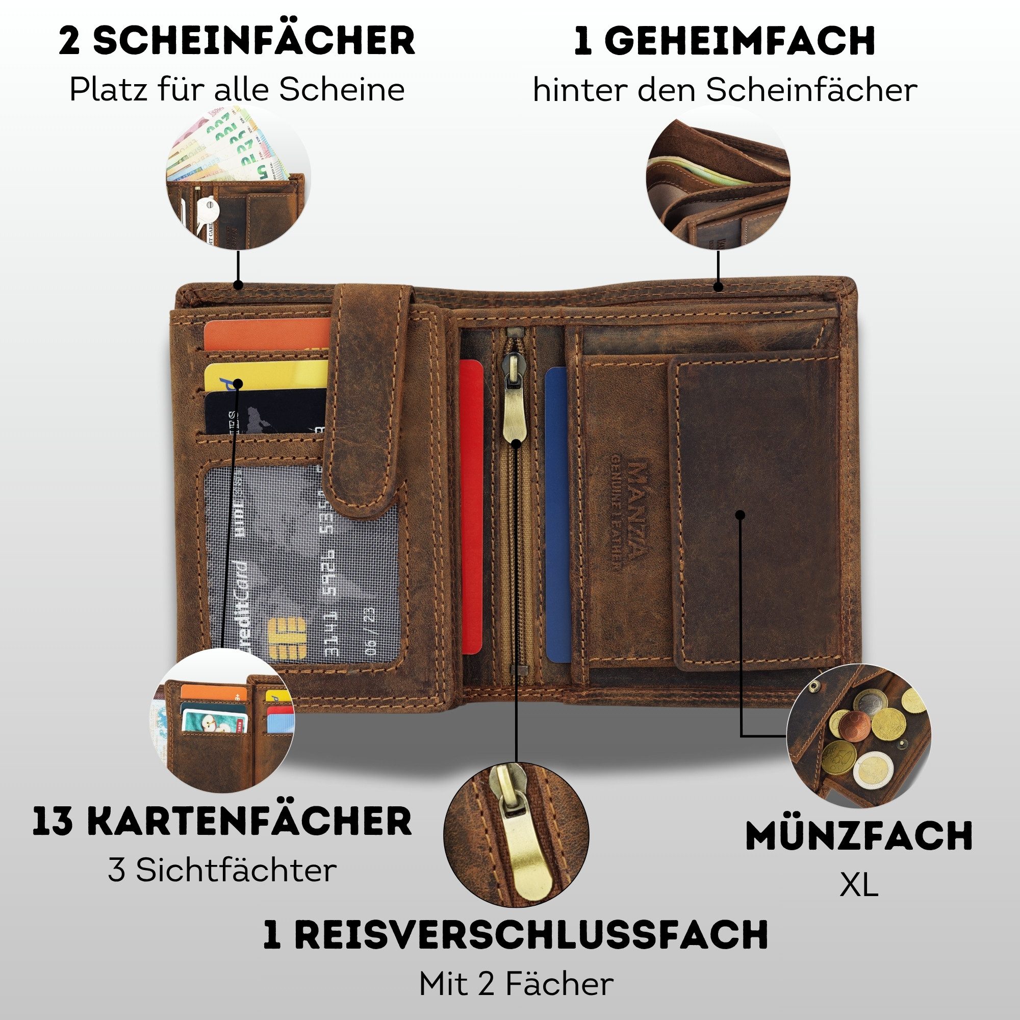 Manza Geldbörse Geldbörse Herren Braun mit RFID Schutz, Geheimfach und Geschenkbox, Geheimfach, Geschenkbox, RFID Blocker, Viele Fächer