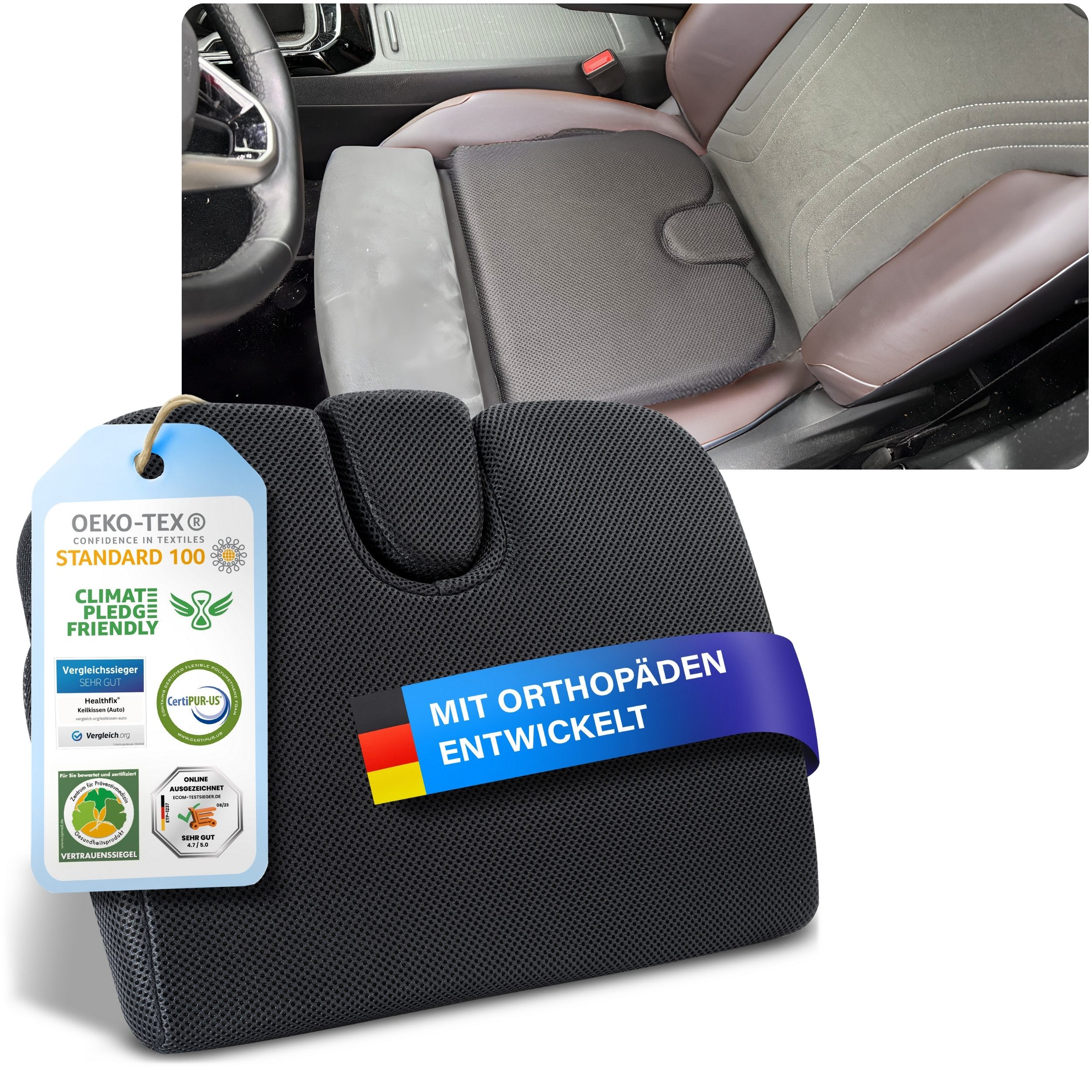 Healthfix Autositzauflage Auto-Keilkissen, Verbessert Sitzhaltung und Sichtfeld beim Autofahren, Ergonomisch, Verbesserte Sitzhaltung, Schmerzlinderung