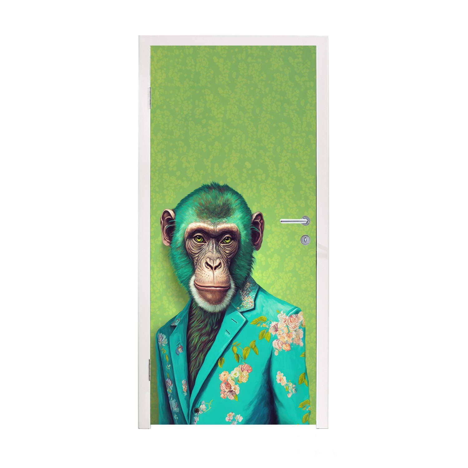 MuchoWow Türtapete Affe - Colbert - Blumen - Neon - Porträt, Matt, bedruckt, (1 St), Fototapete für Tür, Türaufkleber, 75x205 cm