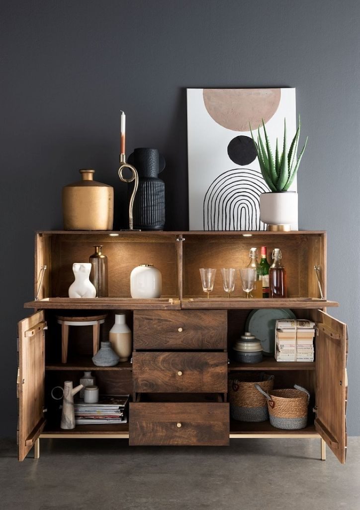 Main Möbel Highboard 146x115cm "Assuan" Mango & Metall goldfarbig