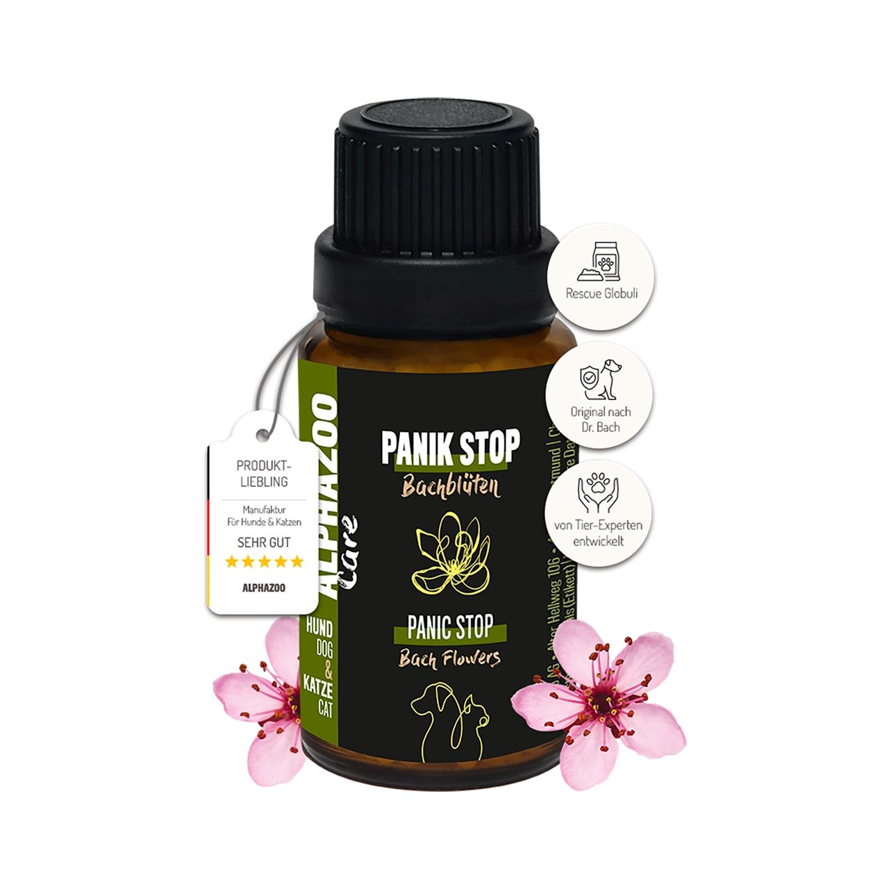ALPHAZOO Panik Stop Bachblüten 15g, Globuli - Notfall - für Hunde und Katzen, Ergänzungsfutter für: Katzen, Hunde, Perfekt bei Angst, Silvester und Feuerwerk