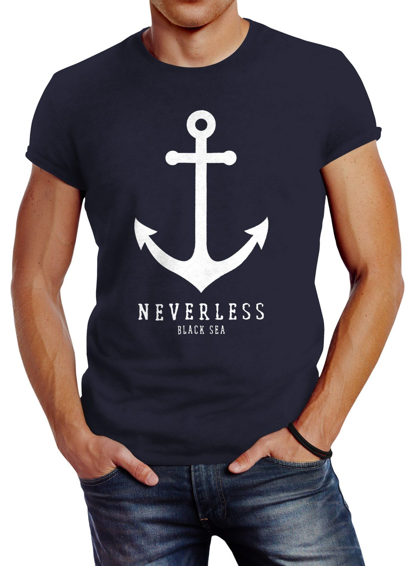 Neverless T-Shirt Slim Anker Print-Shirt Fit mit Sailor navy Herren Print Neverless® Segeln Nautical