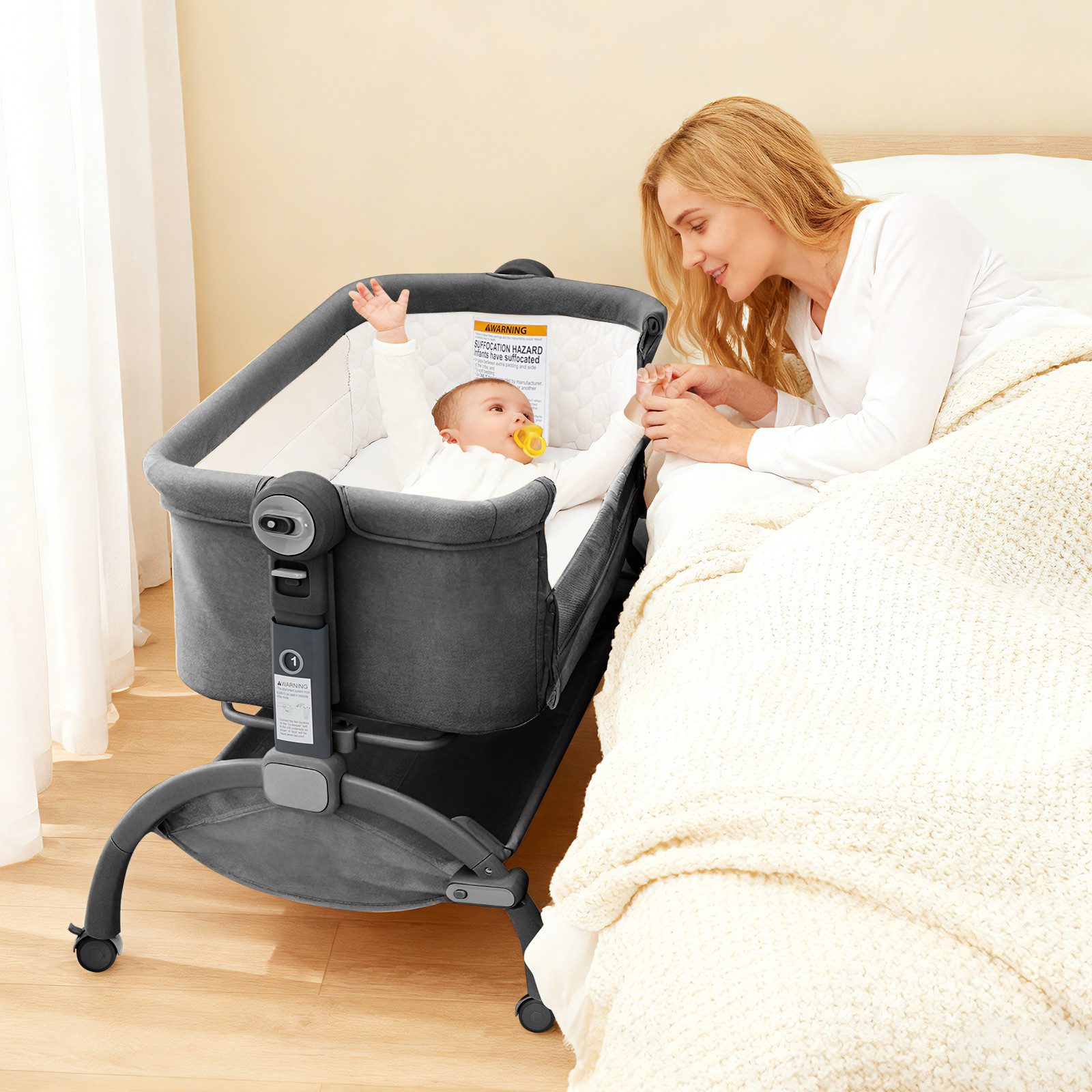 GarveeMore Beistellbett 3 in 1 Babybett mit Rollen & Umrandung, 98 × 63 ×84 cm, bis 9 kg, 360° Rollen feststellbar, 15° Anti-Reflux-Neigung, höhenverstellbar