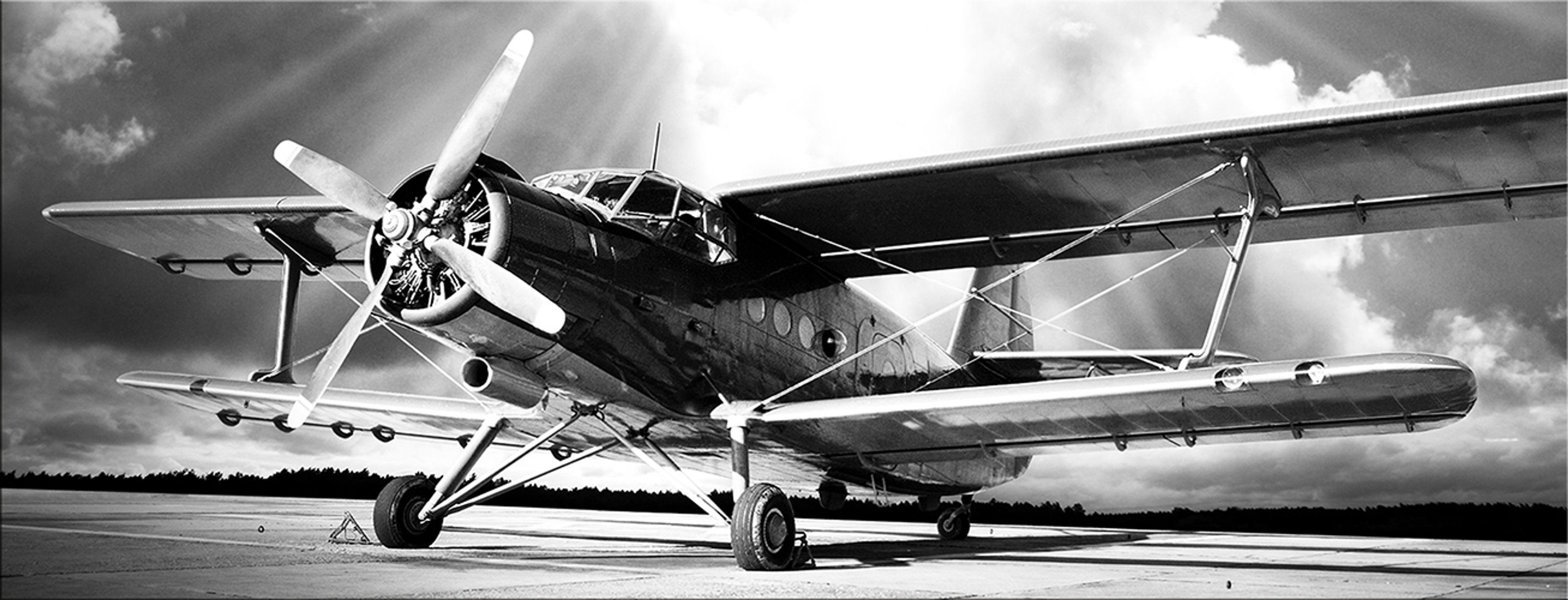 Glas Retro Flugzeug, schwarz-weiß Glasbild 80x30cm artissimo Bild aus Glasbild Flugzeug Fotografie: vintage Foto