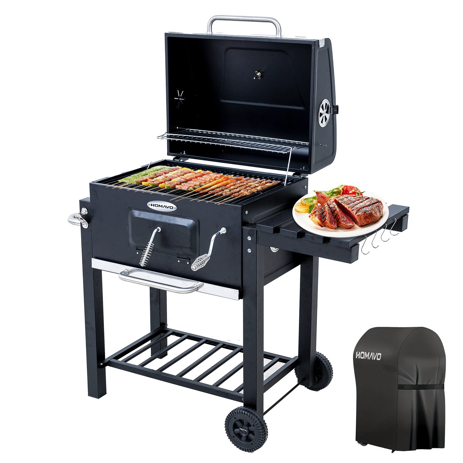 HOMAVO Holzkohlegrill mit Deckel & Grillabdeckungen Wasserfest, Grillfläche: 56 × 42.5 cm, Höhenverstellbare Kohlenwanne, Faltbarer Seitentisch, Thermometer