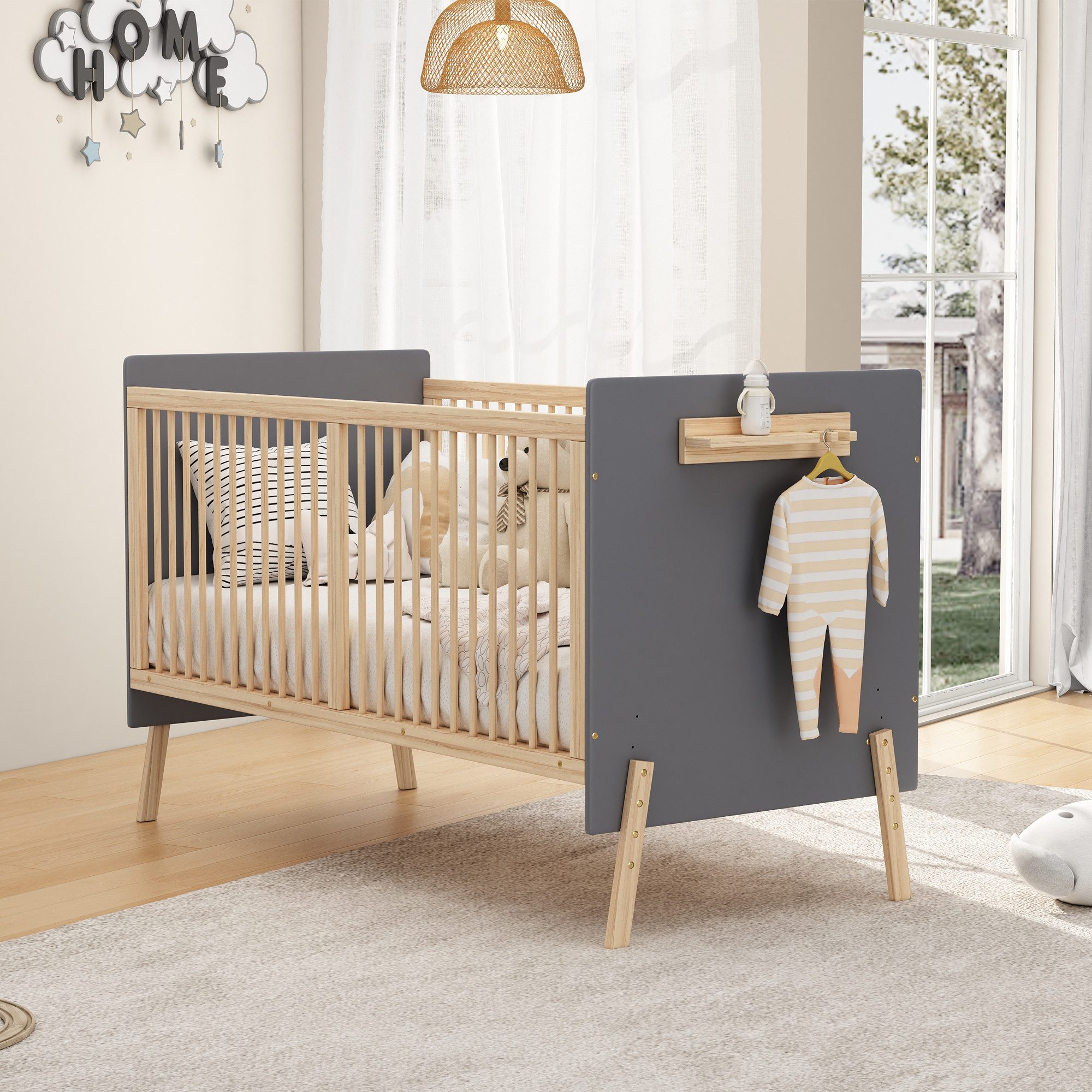 Flieks Babybett, Kinderbett Nebenbett mit höhenverstellbaren Beinen 142x72x86cm