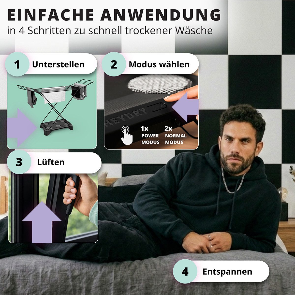 HEYDRY Elektrischer Wäschetrockner HEYDRY Lüfter für Wäscheständer, schnell & energiesparend trocknen, Made in Germany, mobiler Ventilator