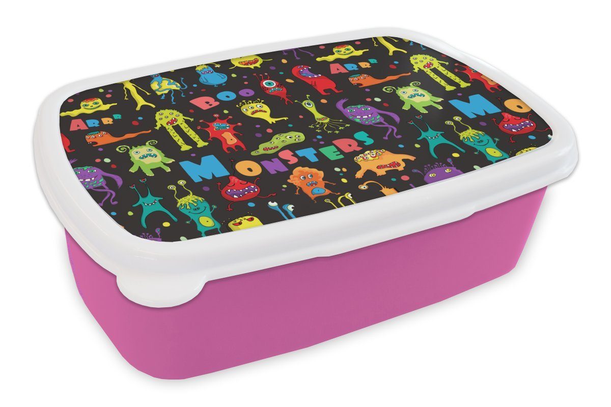 MuchoWow Lunchbox Design - Monster - Party - Kinder, Kunststoff, (2-tlg), Brotbox für Erwachsene, Brotdose Kinder, Snackbox, Mädchen, Kunststoff rosa