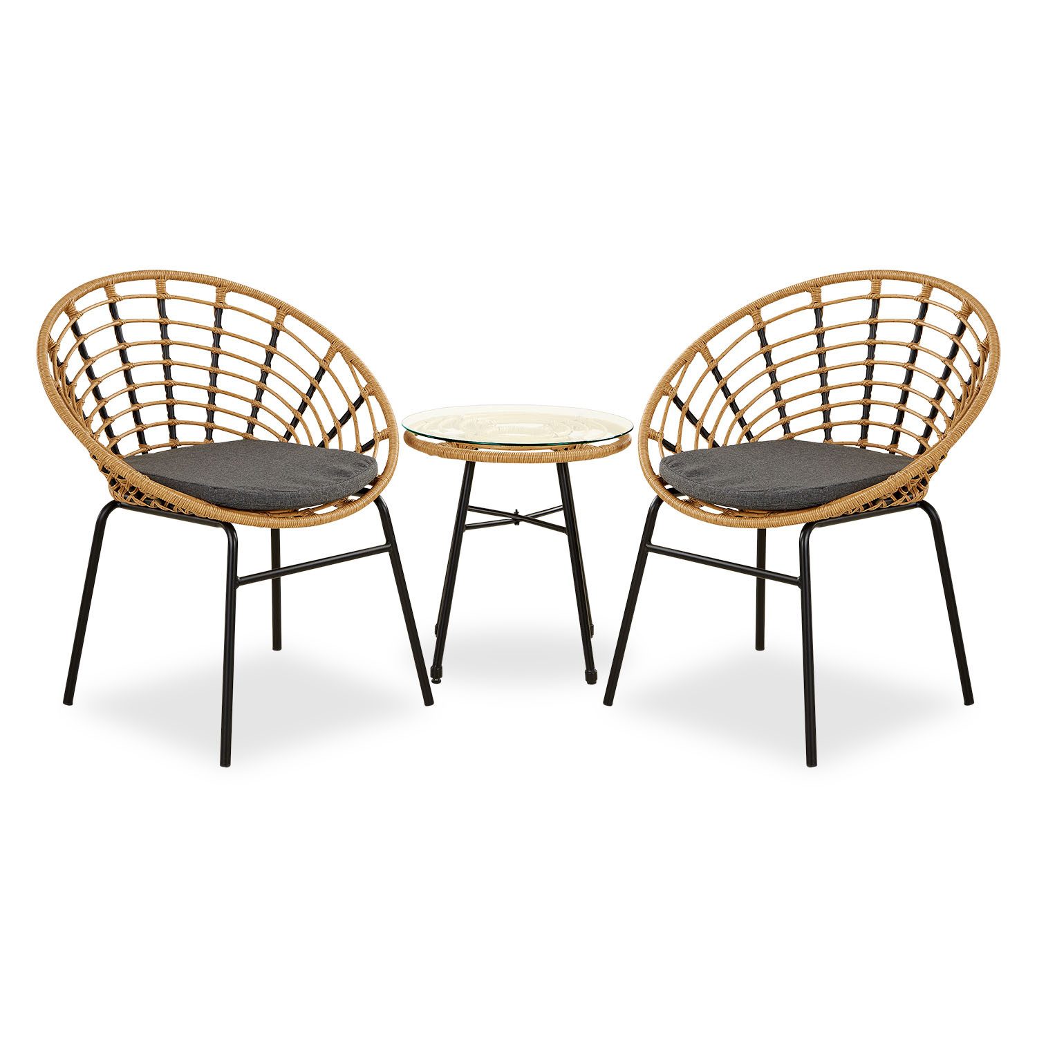 Homestyle4u Gartenlounge-Set Set Gartenstuhl Gartenmöbel Rattan Natur Balkon Terrasse Schwarz, (3er Set, 5-tlg., 2 Stühle, 1 Tisch, 2 Kissen), mit Sitzkissen