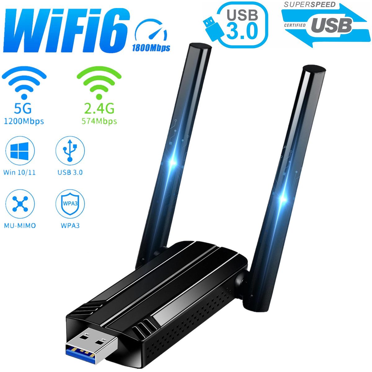 WLAN-Stick 1800Mbps USB WiFi 6 AC Dongle Wireless Adapter Dual Band 2.4GHz 5GHz