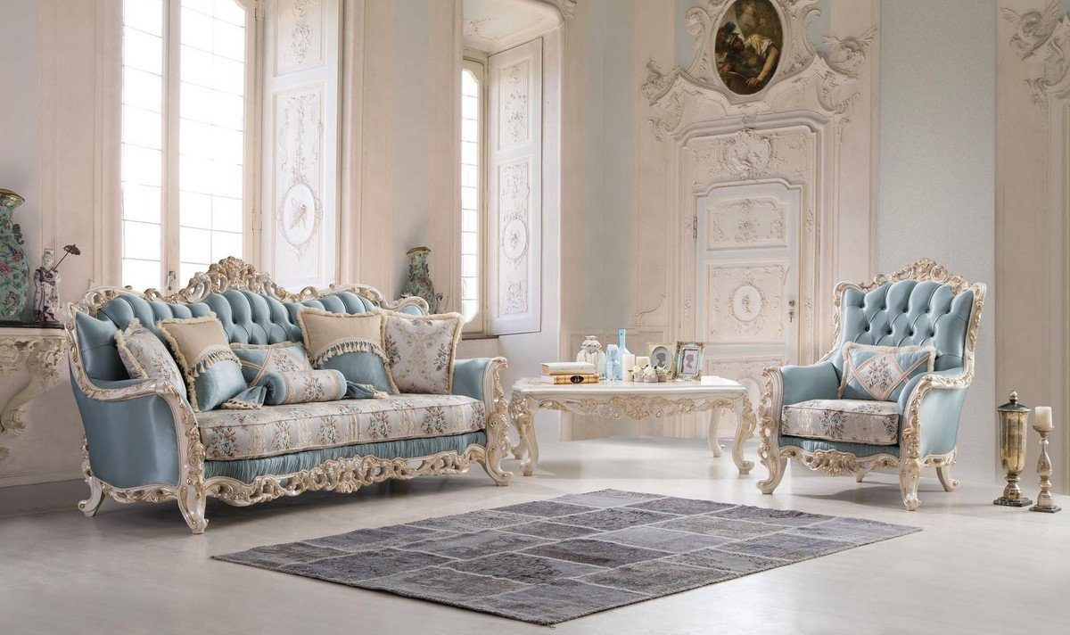 Casa Padrino dekorativen cm H. mit x 240 - Sofa Wohnzimmer Sofa Barock Kissen / Edle Luxus Creme 120 / / Wohnzimmer Barock Weiß Hellblau 90 Gold Möbel x