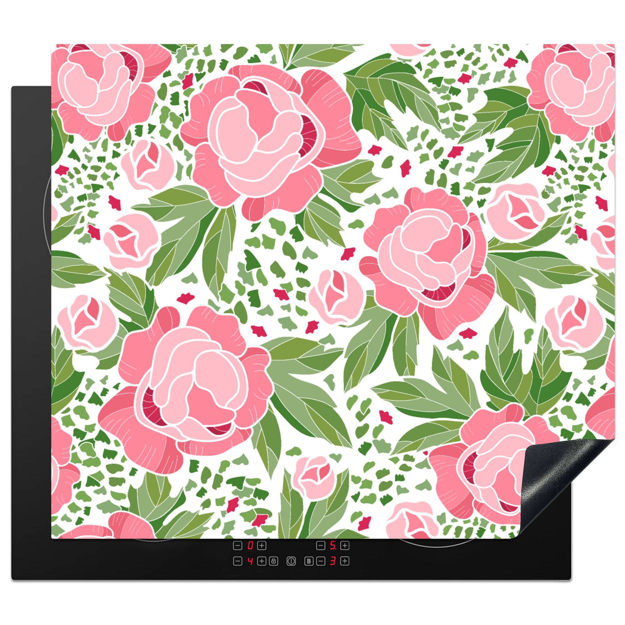MuchoWow Herdblende-/Abdeckplatte Blumen - Rosa - Muster, Vinyl, (1 tlg), 60x52 cm, Mobile Arbeitsfläche nutzbar, Ceranfeldabdeckung