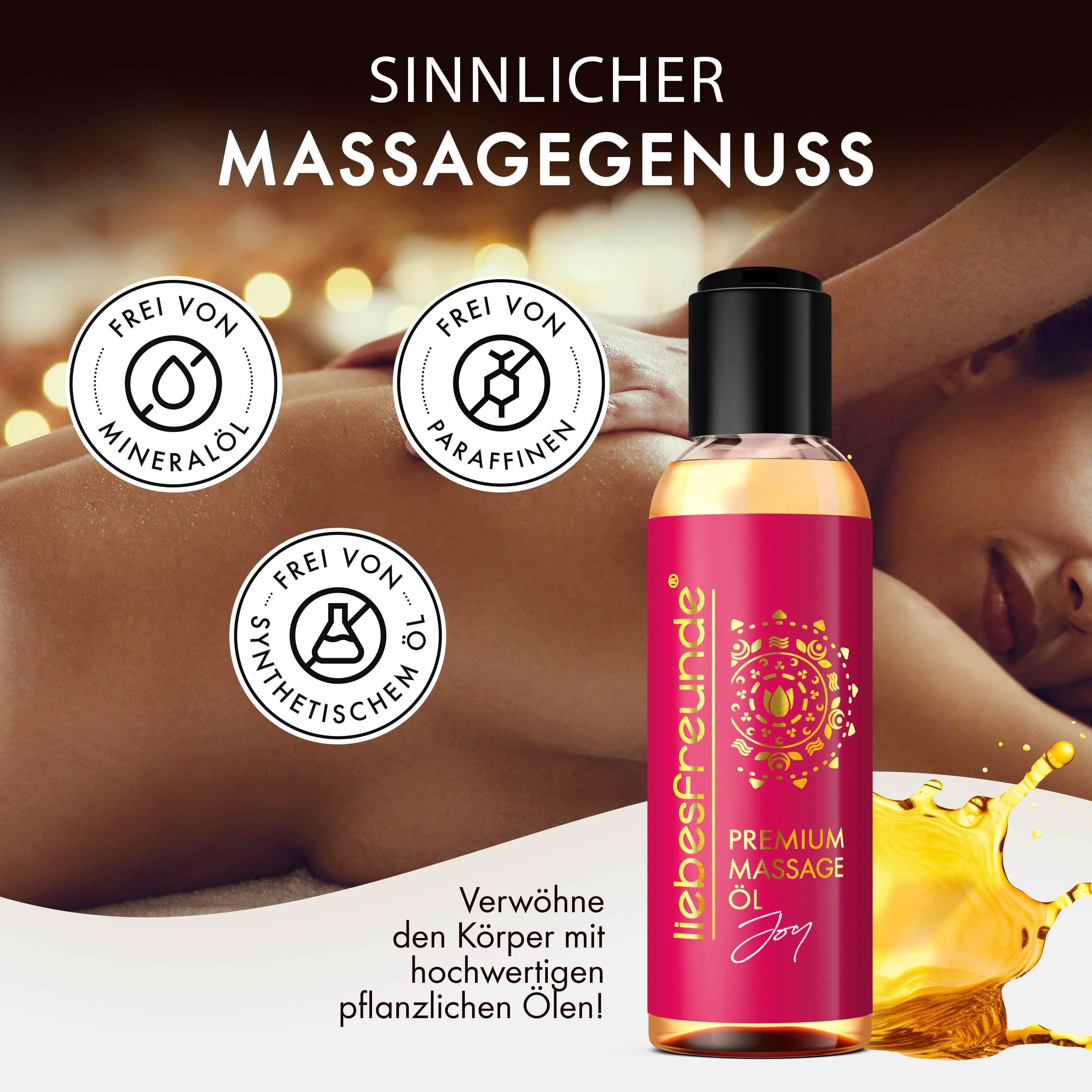 Liebesfreunde Massageöl Premium Massageöl Joy - Sinnliches Massage Öl zur Entspannung, Frei von Mineraöl