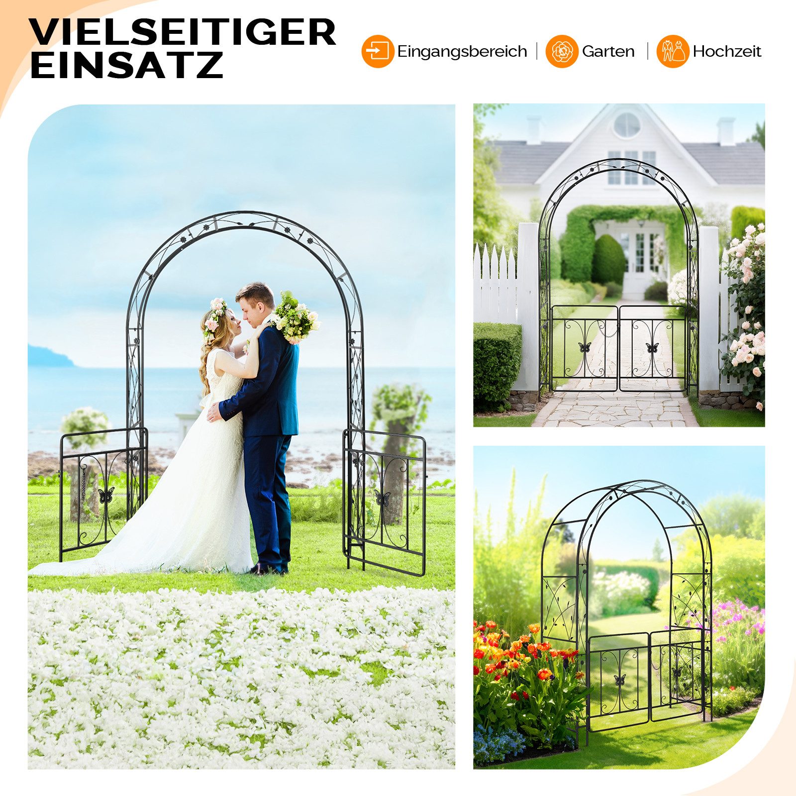 LALAHO Rosenbogen Gartenbogen aus Eisen mit Tür 134 X 58 x213cm, Gartenlaube, Hochzeitsbogen, Stabiler Rankbogen für Kletterpflanzen – Bild 3 von 5