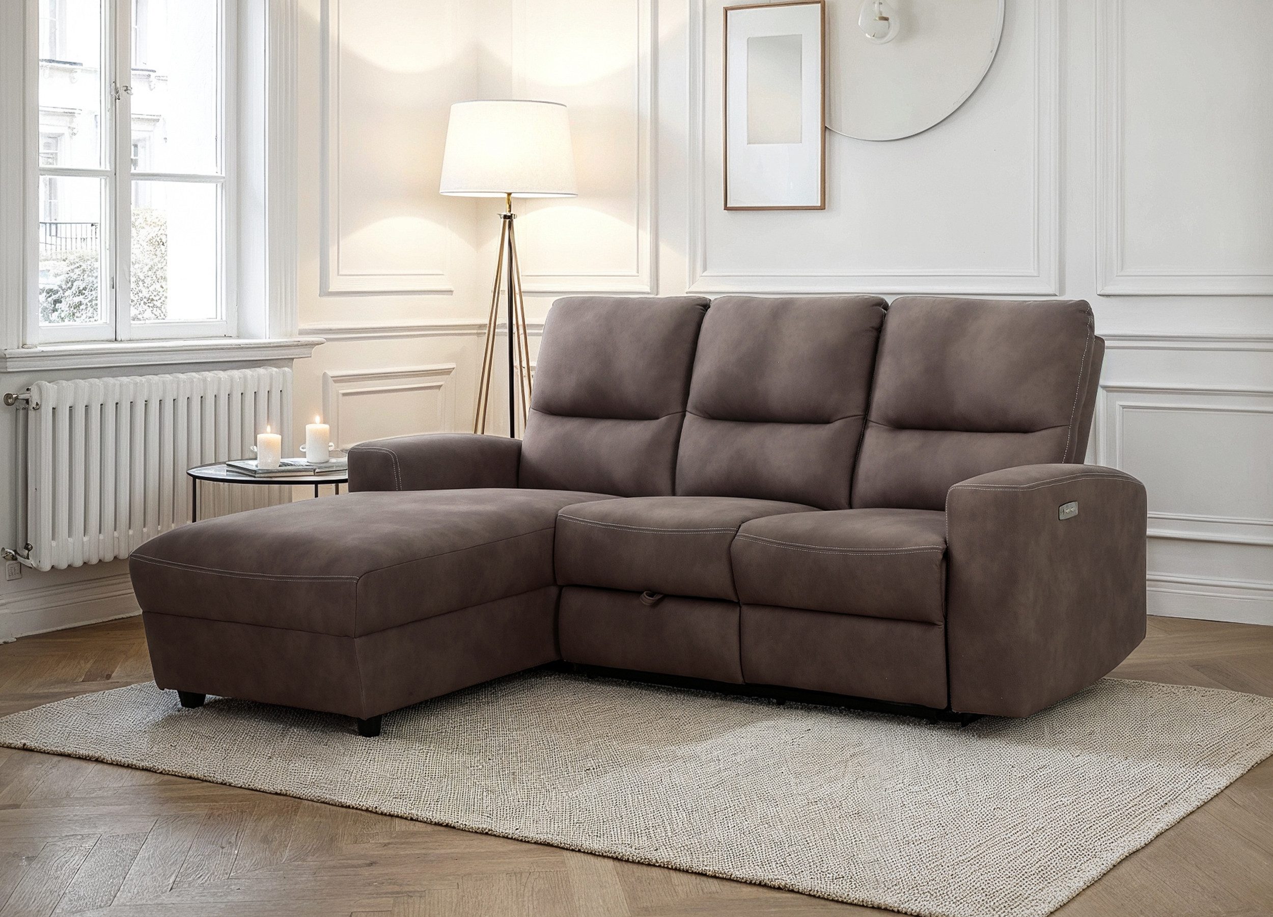 Massivart® Ecksofa Microfaser braun 216x156 cm / Relaxfunktion & USB / Palina, Federkern, Stauraum, Ottomane links, Kontrastnaht