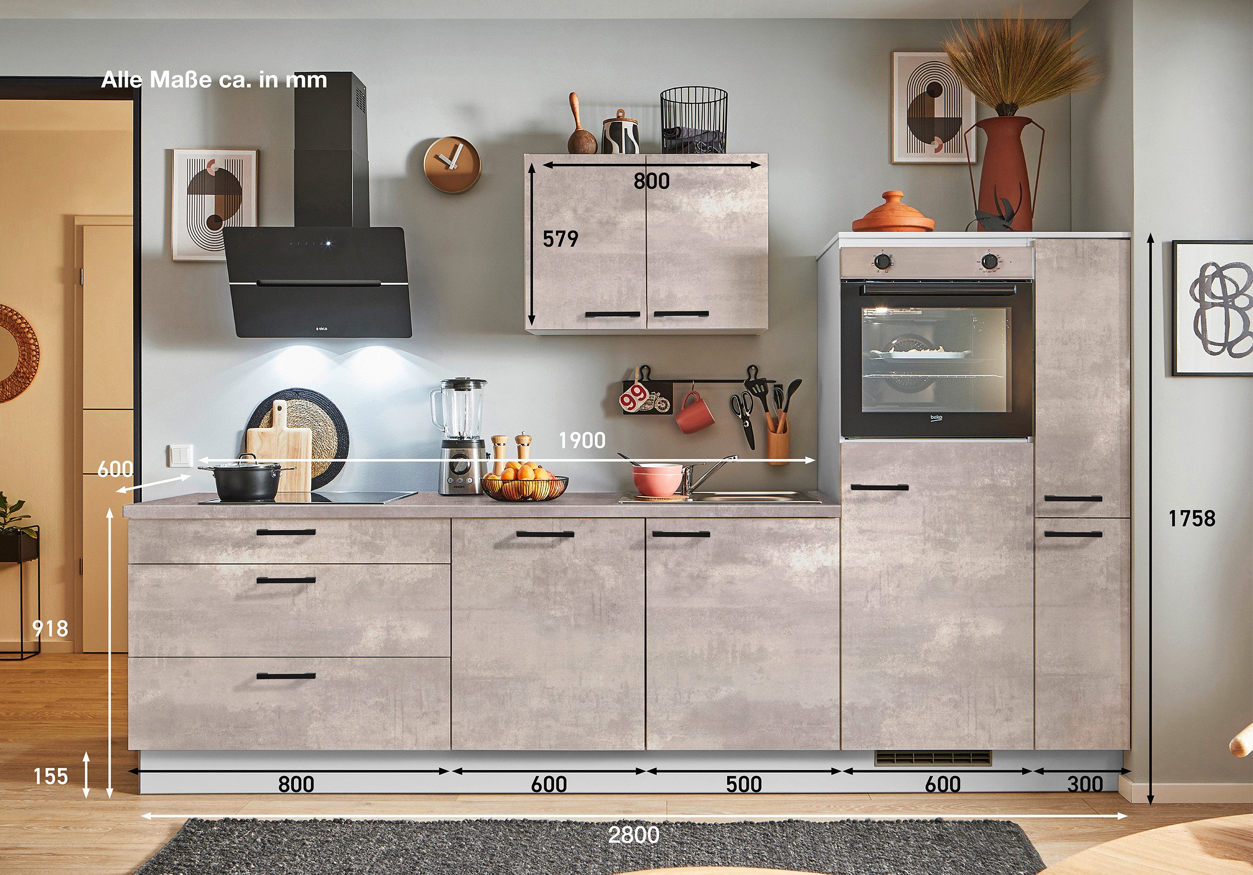 pino Küchenzeile Stockholm, individuell anpassbar, gratis Küchenplanung mit Profis, (Breite 280cm), vormontiert, wahlw. mit E-Geräten, Preis inkl. Lieferung & Montage