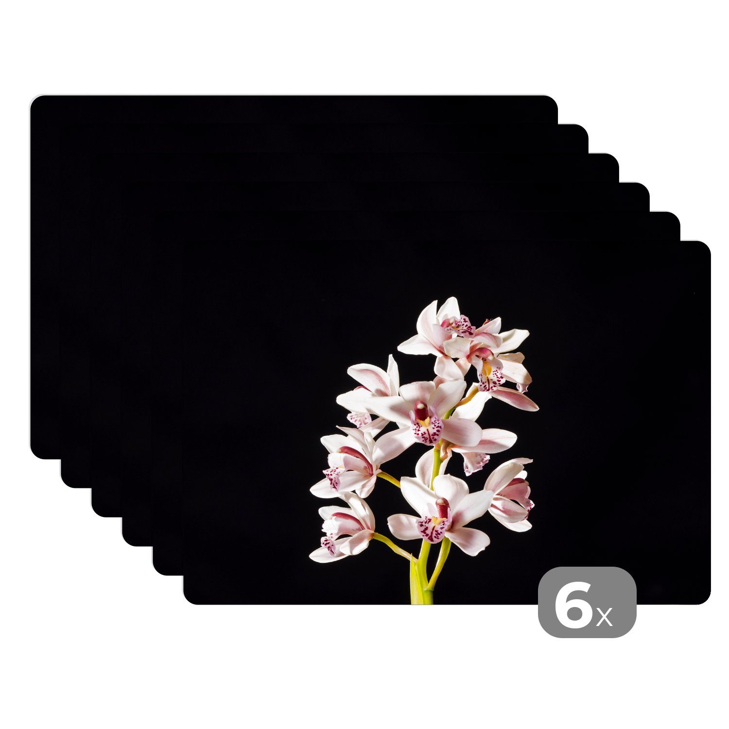 Platzset, »Eine weiße Orchidee vor schwarzem Hintergrund«, MuchoWow,  (6-St), Tischset Platzset Platzdeckchen Abwischbar