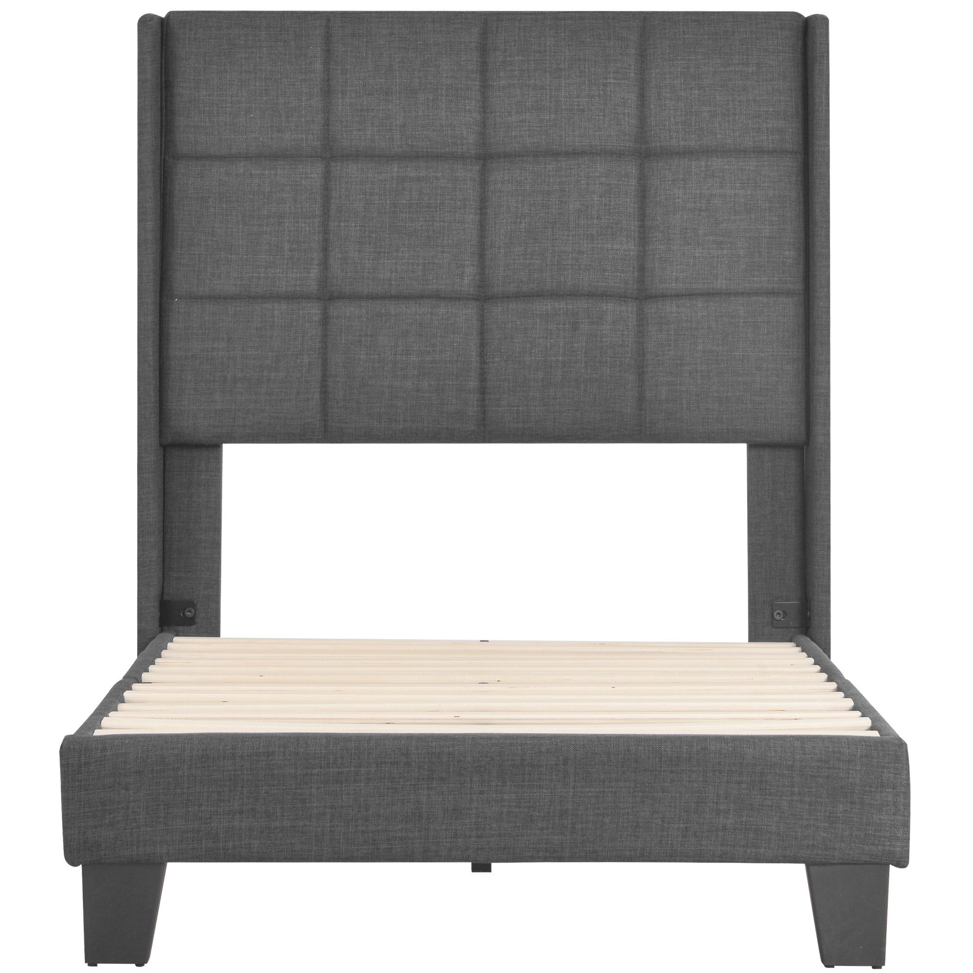 Polsterbett, Holzbett 90x200 cm, Lattenrost aus Holz, Gepolstertes Kopfteil, Leinen