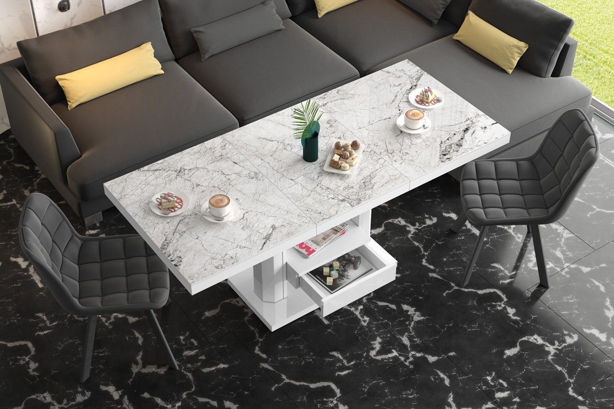 Marmoroptik Design HM-120 stufenlos Couchtisch ausziehbar Tisch designimpex Weiß - höhenverstellbar Hochglanz Hochglanz Hochglanz