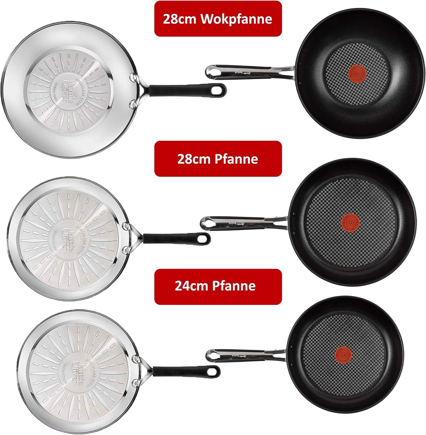 Tefal Pfannen-Set Jamie Oliver E76 Pfannenset 24,28cm + Wok 28cm + Deckel, Edelstahl 18/10 (Pfanne, Bratpfannen Set, Pfannenset, Wok, Wokpfanne, Pfannen + 1 Wender & Schoner Antihaftbeschichtet Pfannenset mit Deckel), Antihaftbeschichtet