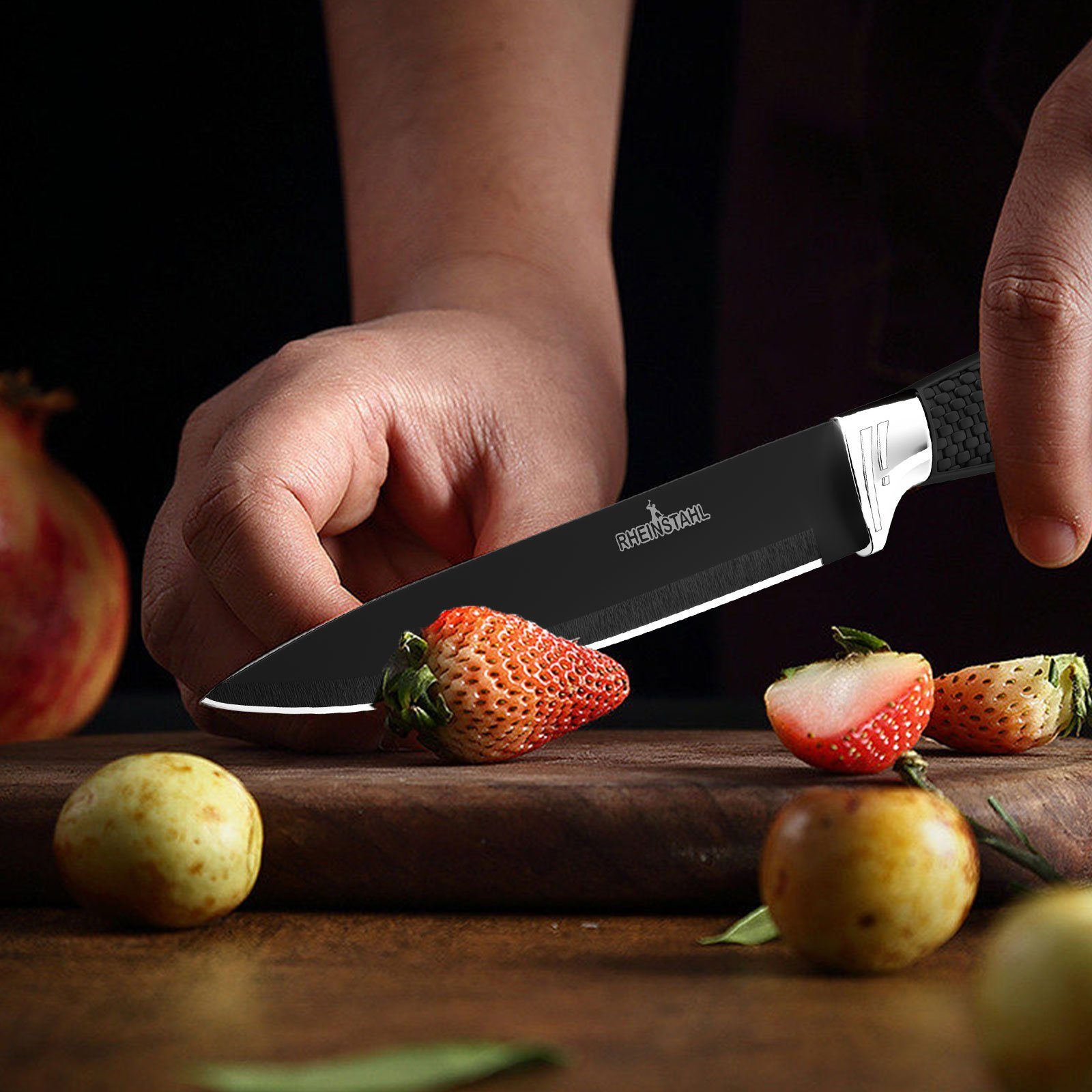 Küchenmesser Set 4 Küchenmesser teilig Messerblock Set Messerset Messer-Set Profi Kochmesser hochwertiges Schwarz RHEINSTAHL SelbstschärfenMesser (4-tlg),