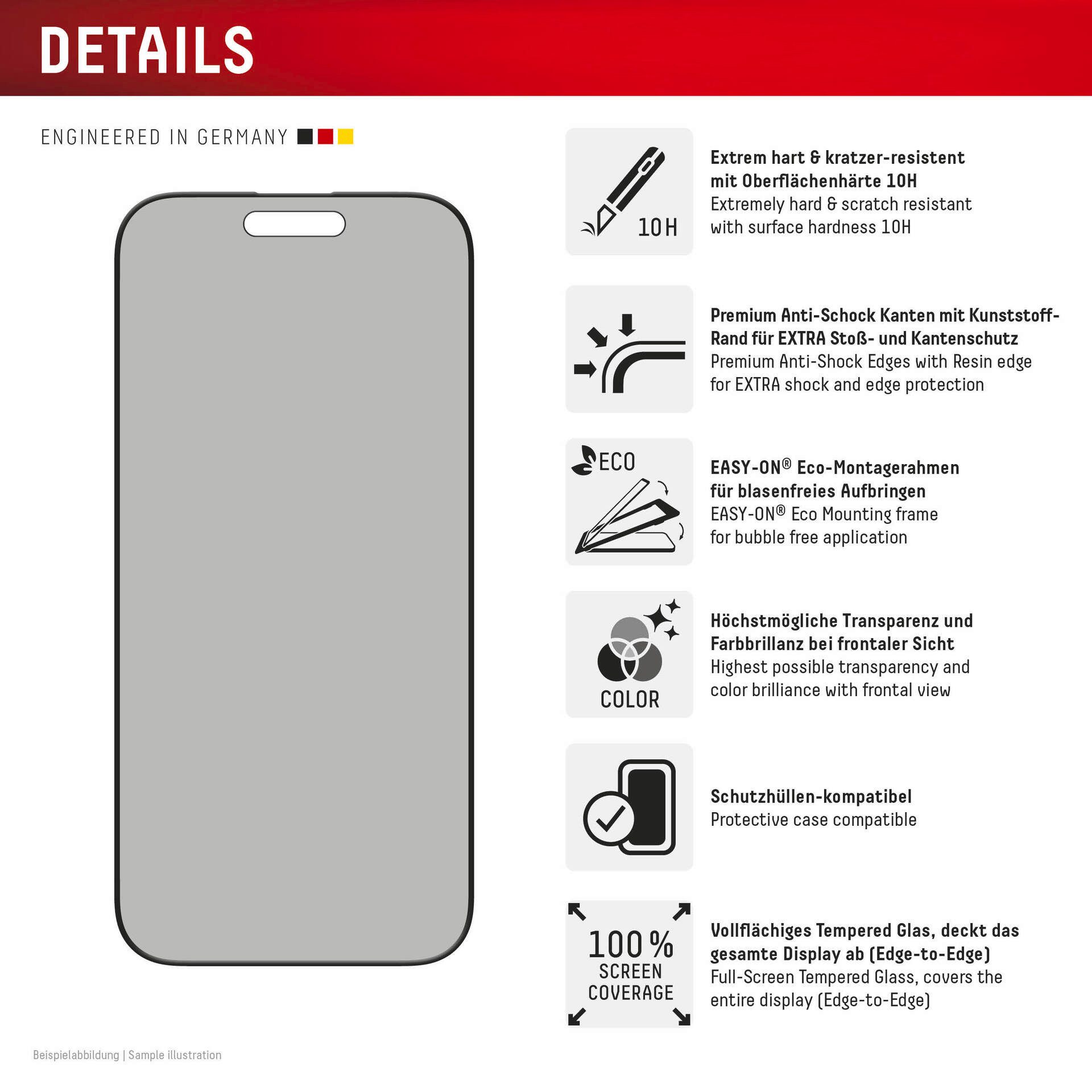 Displex Displayschutzglas Privacy Glass Full Cover für Apple iPhone 16 Pro Max, 1 Stück, Displayschutzfolie, Schutzfolie, Bildschirmschutz, kratz- & stoßfest