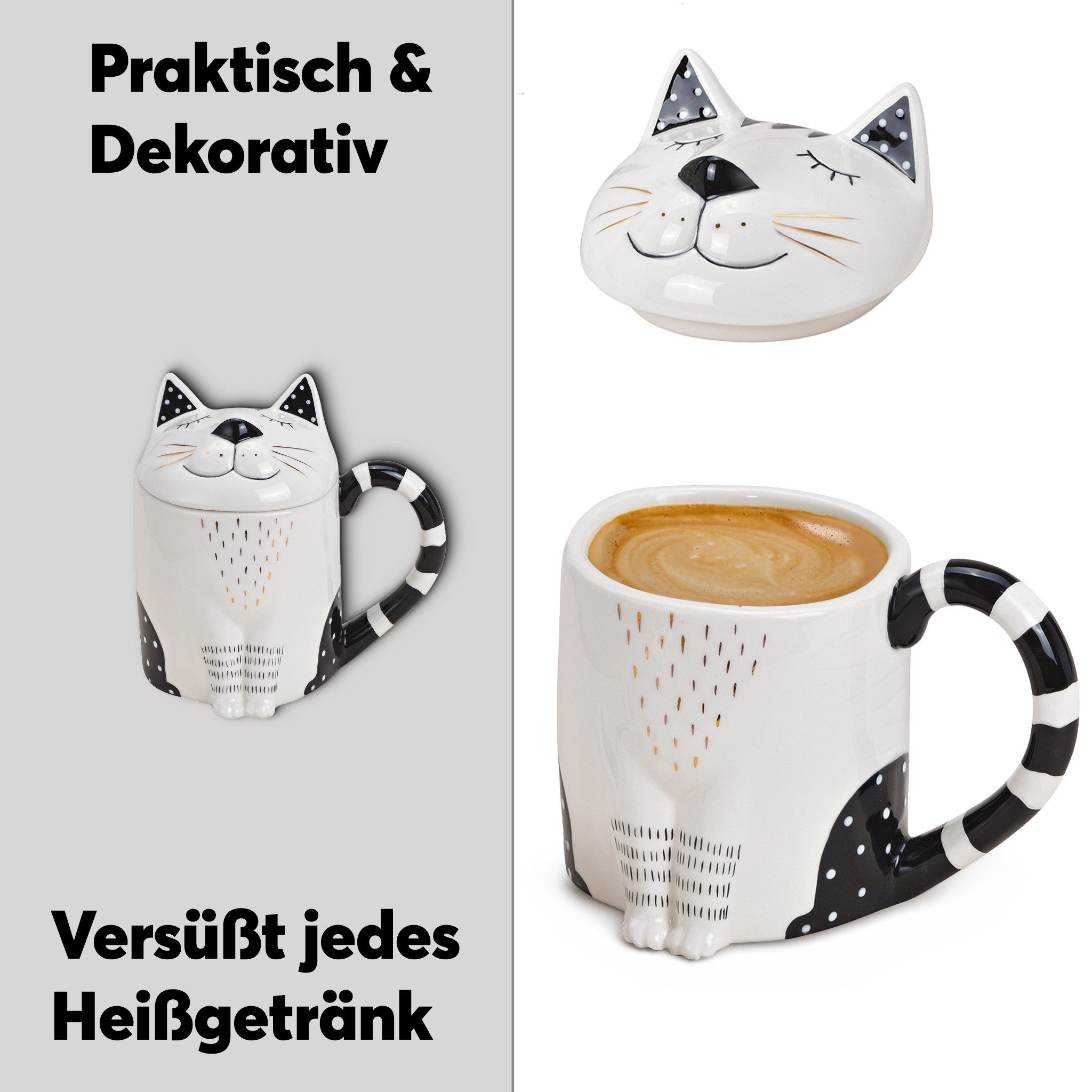 matches21 HOME & HOBBY Tasse Große Teetasse mit Deckel Katze Meow-Design, 1-tlg., Keramik, Tee Kaffee-Becher Kaffeetasse, weiß schwarz goldfarben, 400 ml