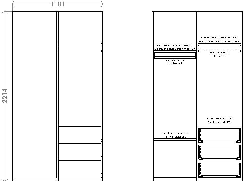 Plus Schubladen rechts Müller 2 Variante weiß/birke Modular LIVING Inklusive kleiner unten 3 Kleiderschrank SMALL