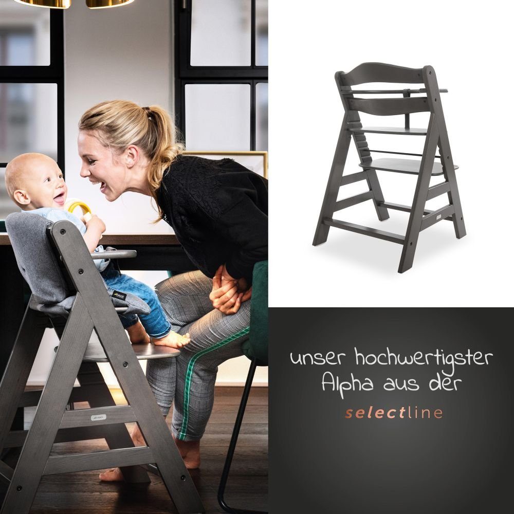 Hauck Hochstuhl Alpha Plus Sitzkissen verstellbar, Holz Essbrett, mitwachsend Kinderhochstuhl Charcoal, mit