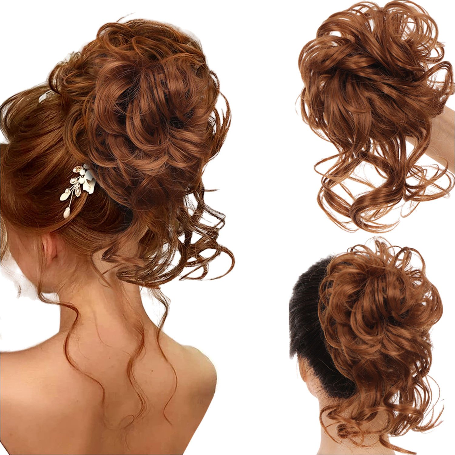 Refttenw Kunsthaar-Extension Dutt Haarteil Mit Gummiband Haarteile für Dünnes Haar, Helles Rotbraun