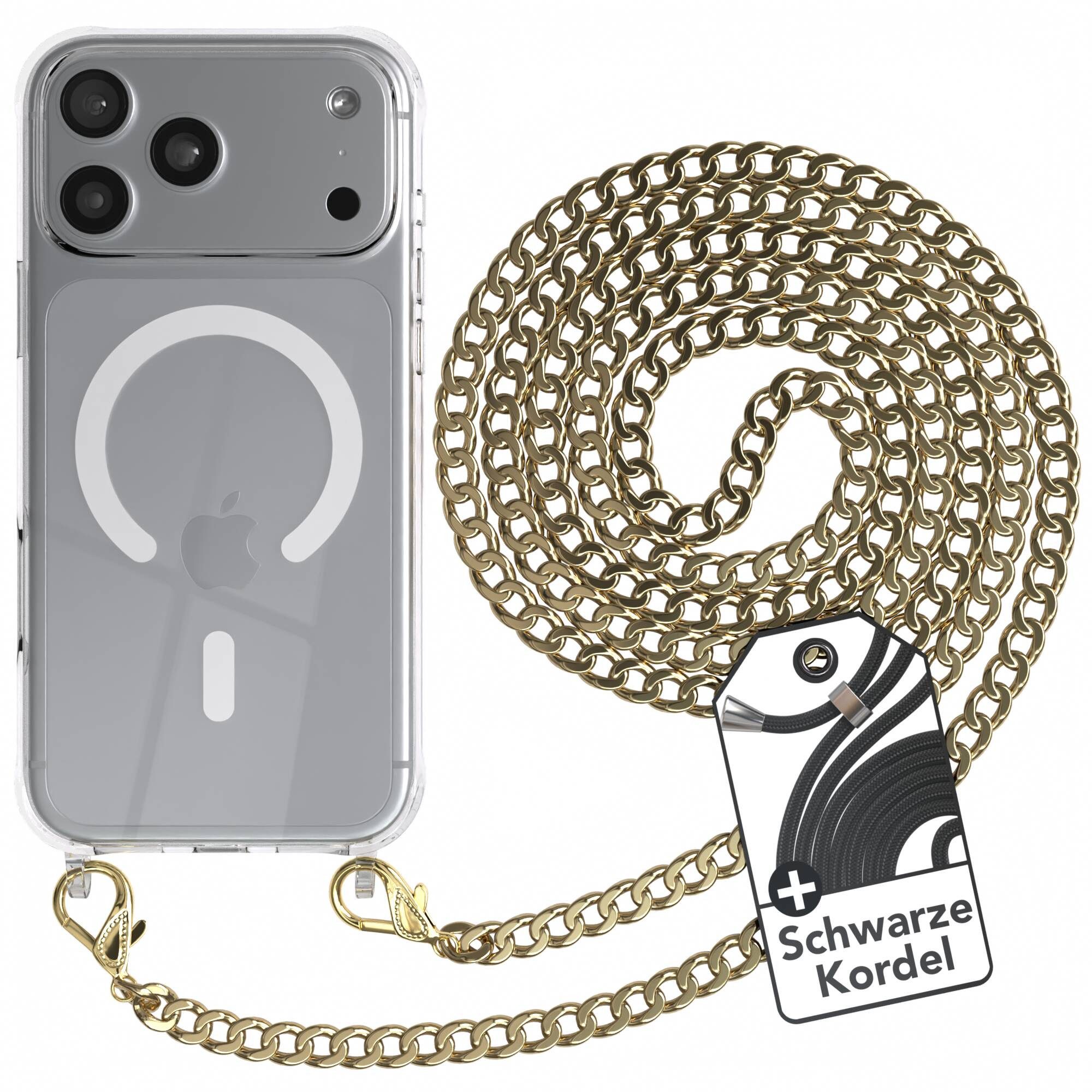 EAZY CASE Handykette Metall MagSafe Hülle für Apple iPhone 18 Pro Max 6,9 Zoll, Handyhülle Transparent Smartphonekette für Unterwegs Necklace in Gold