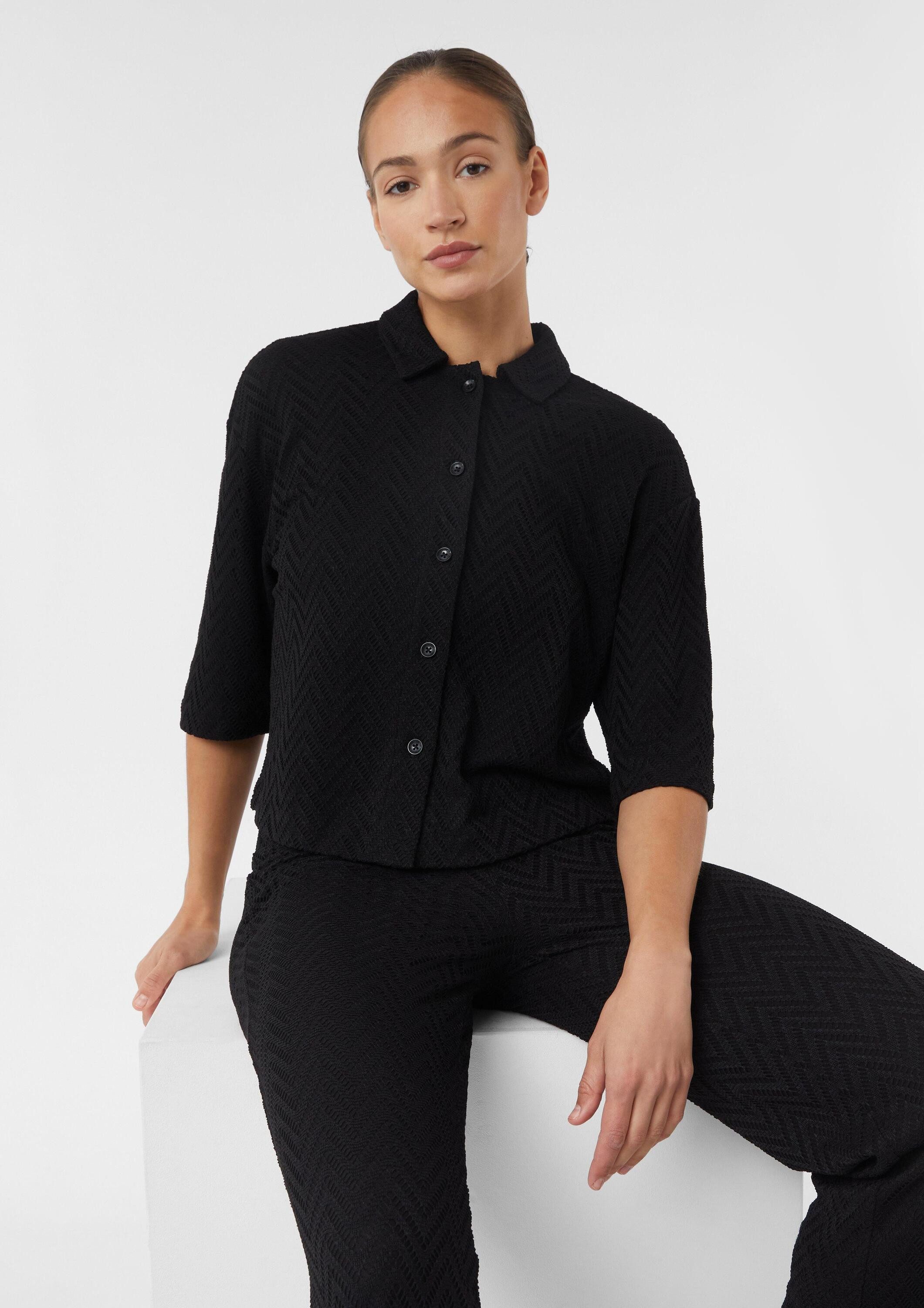 comma Kurzarmbluse T-Shirt Cropped Overshirt mit Ajourmuster und Knopfleist günstig online kaufen