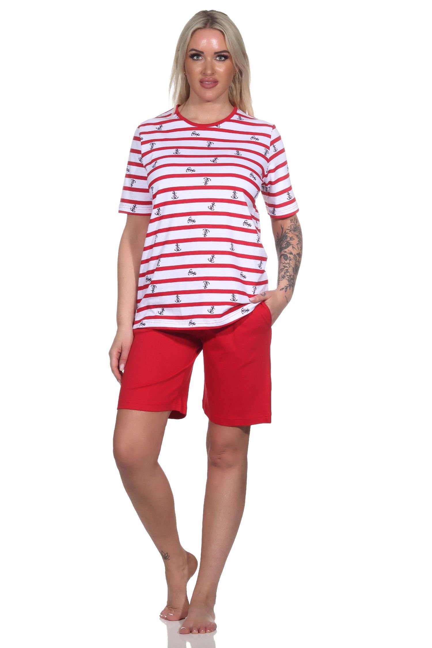 Normann Pyjama Damen kurzarm Schlafanzug Shorty maritime Optik - auch in Übergrößen rot