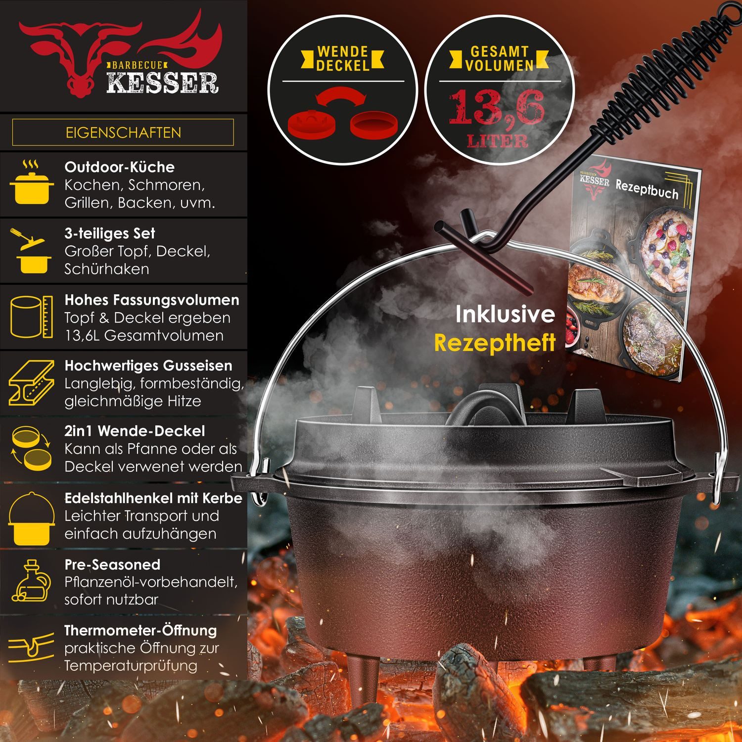KESSER Feuertopf, Gußeisen, Dutch Oven Set BBQ Feuertopf Schmortopf, Gusseisen Topf