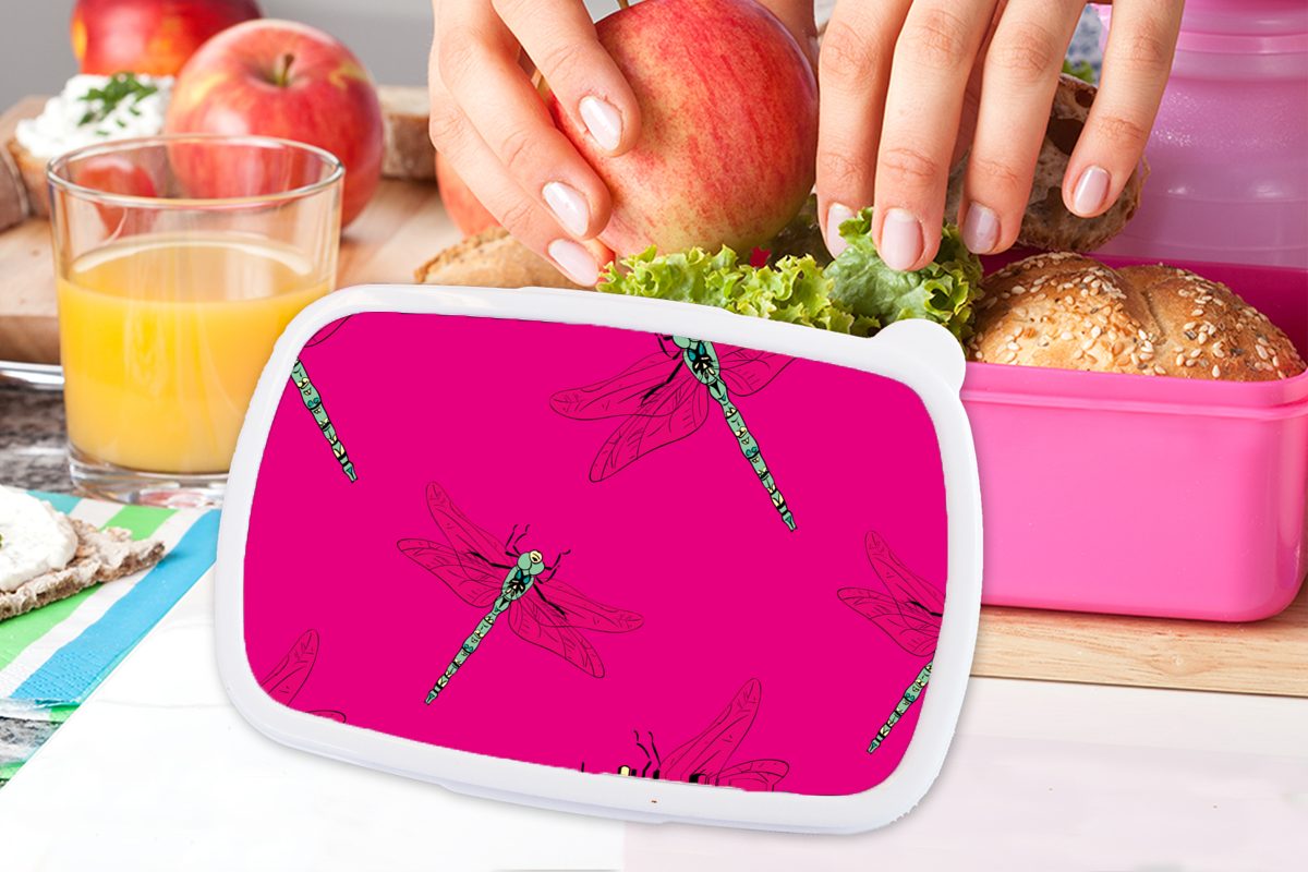 Brotbox Mädchen für - Mädchen, Snackbox, - Insekten - - - Brotdose - Lunchbox Libelle Kunststoff MuchoWow Kunststoff, rosa Kinder, (2-tlg), Muster -, Kinder Erwachsene, Mädchen Kinder