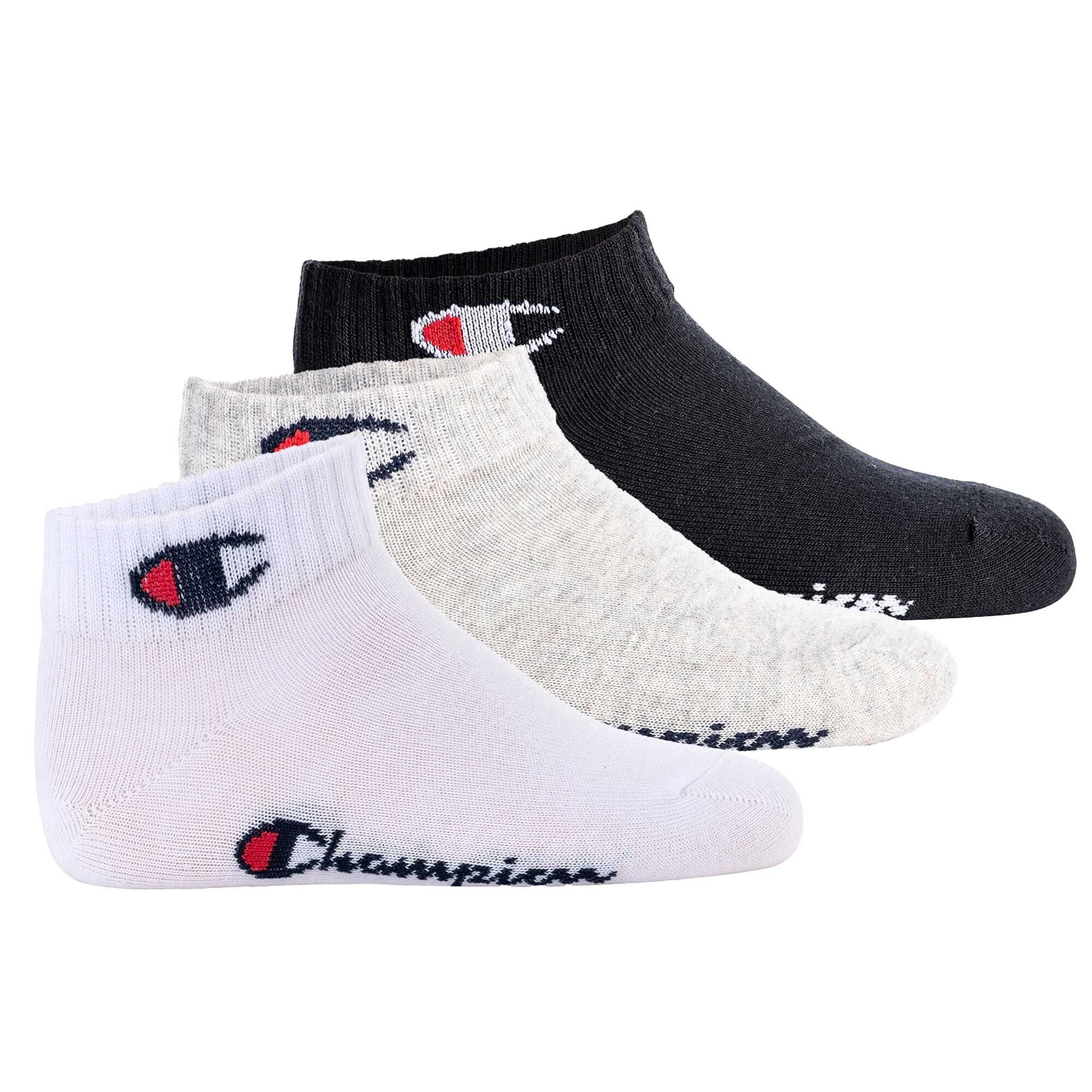 Champion Freizeitsocken Kinder Socken, 3er Pack - Quarter, Logo, einfarbig Schwarz/Grau/Weiß