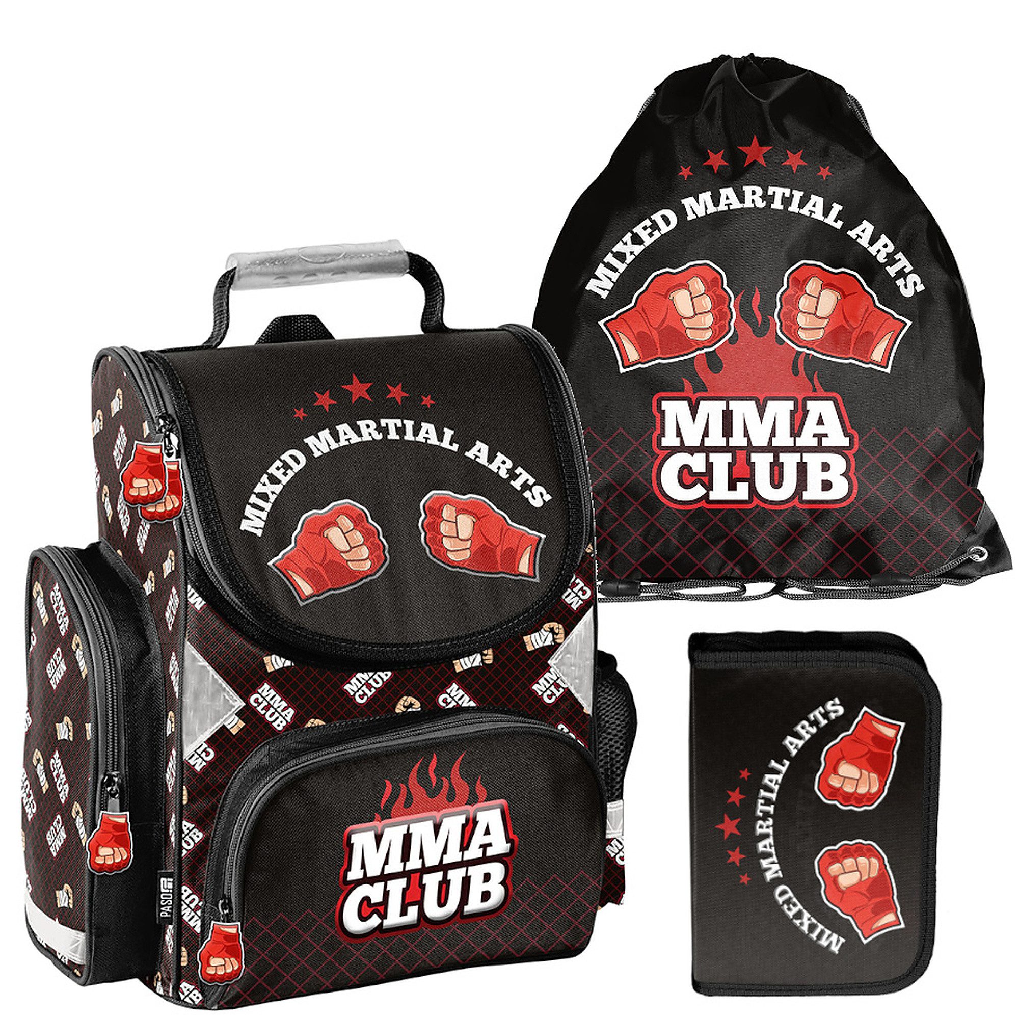 PASO Schulrucksack Schulset 3-tlg. MMA Club (Schulset, 3-tlg), Kinder Schulranzen Rucksack + Turnbeutel + Federmäppchen