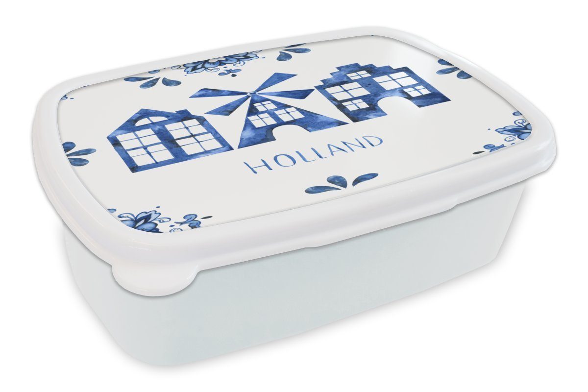 MuchoWow Lunchbox Delfter Blau - Windmühle - Haus, Kunststoff, (2-tlg), Brotbox für Kinder und Erwachsene, Brotdose, für Jungs und Mädchen weiß