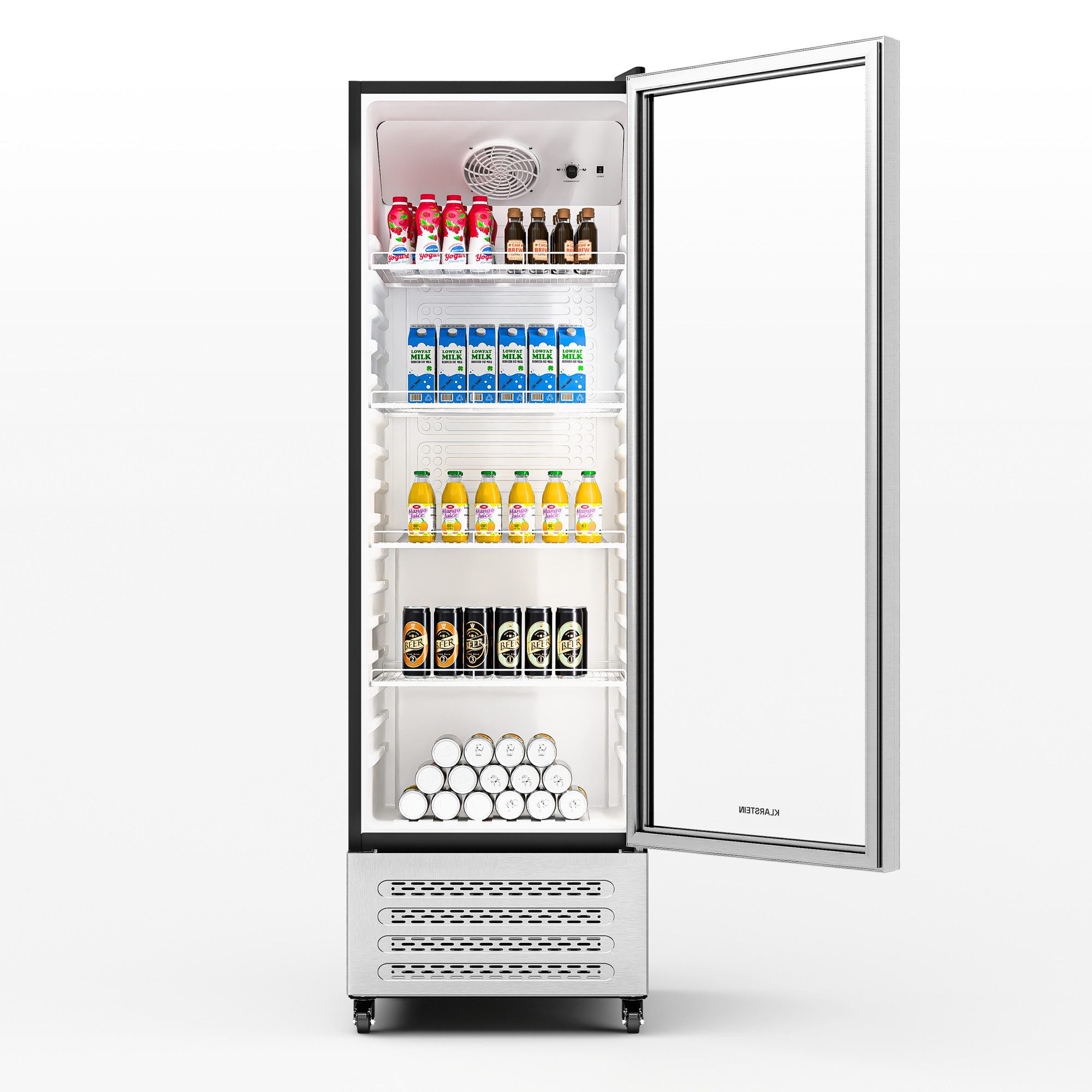 Klarstein Getränkekühlschrank GrandCooler 306 Getränkekühl 306L 0-10°C 4 Regale LED B R600A doppelt 10046644, 192 cm hoch, 59.5 cm breit, Bier Hausbar Hotel Fridge mit Glastür & Rollen für 306 Liter