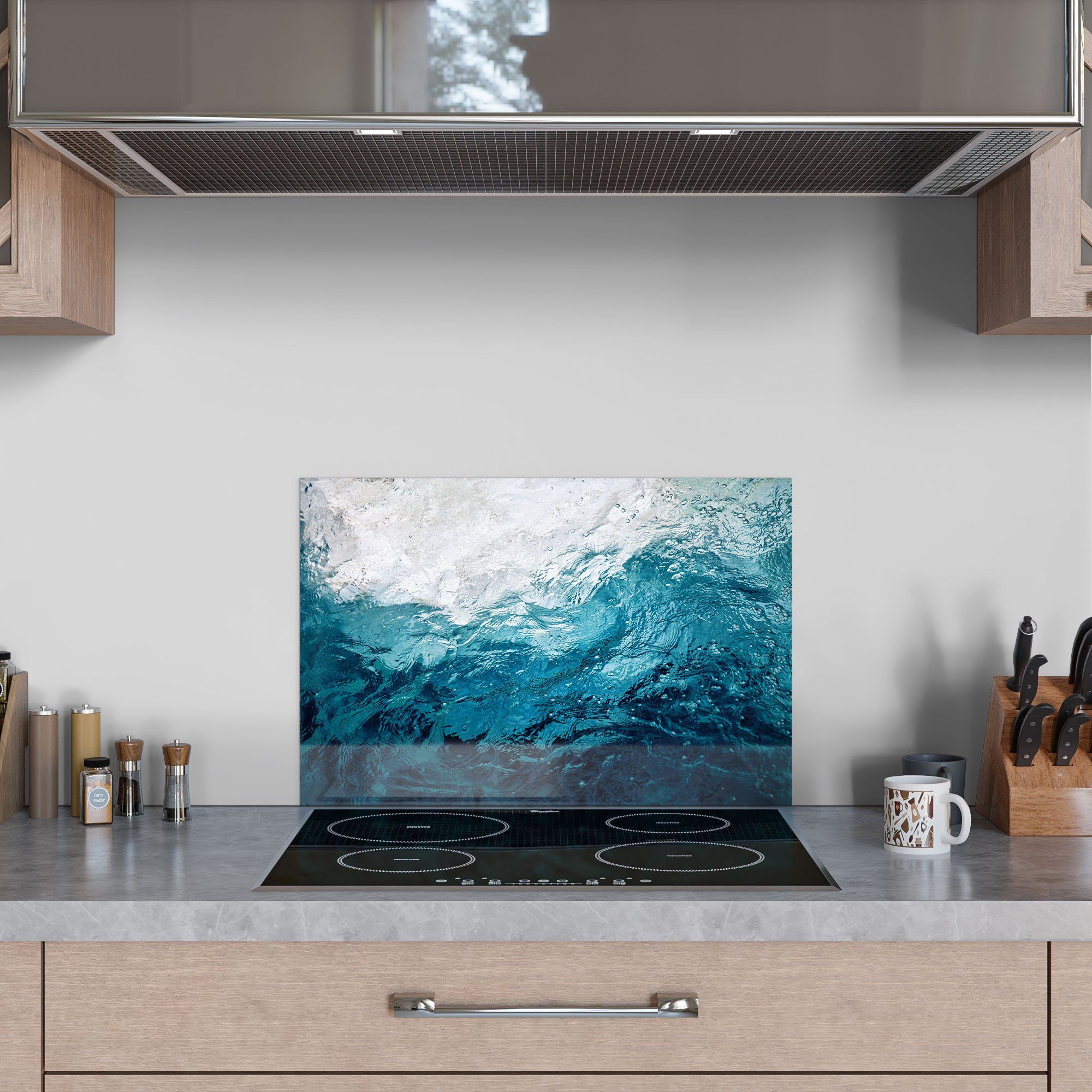 DEQORI Küchenrückwand 'Blick Glas Herdblende Wellen', durch Spritzschutz Badrückwand